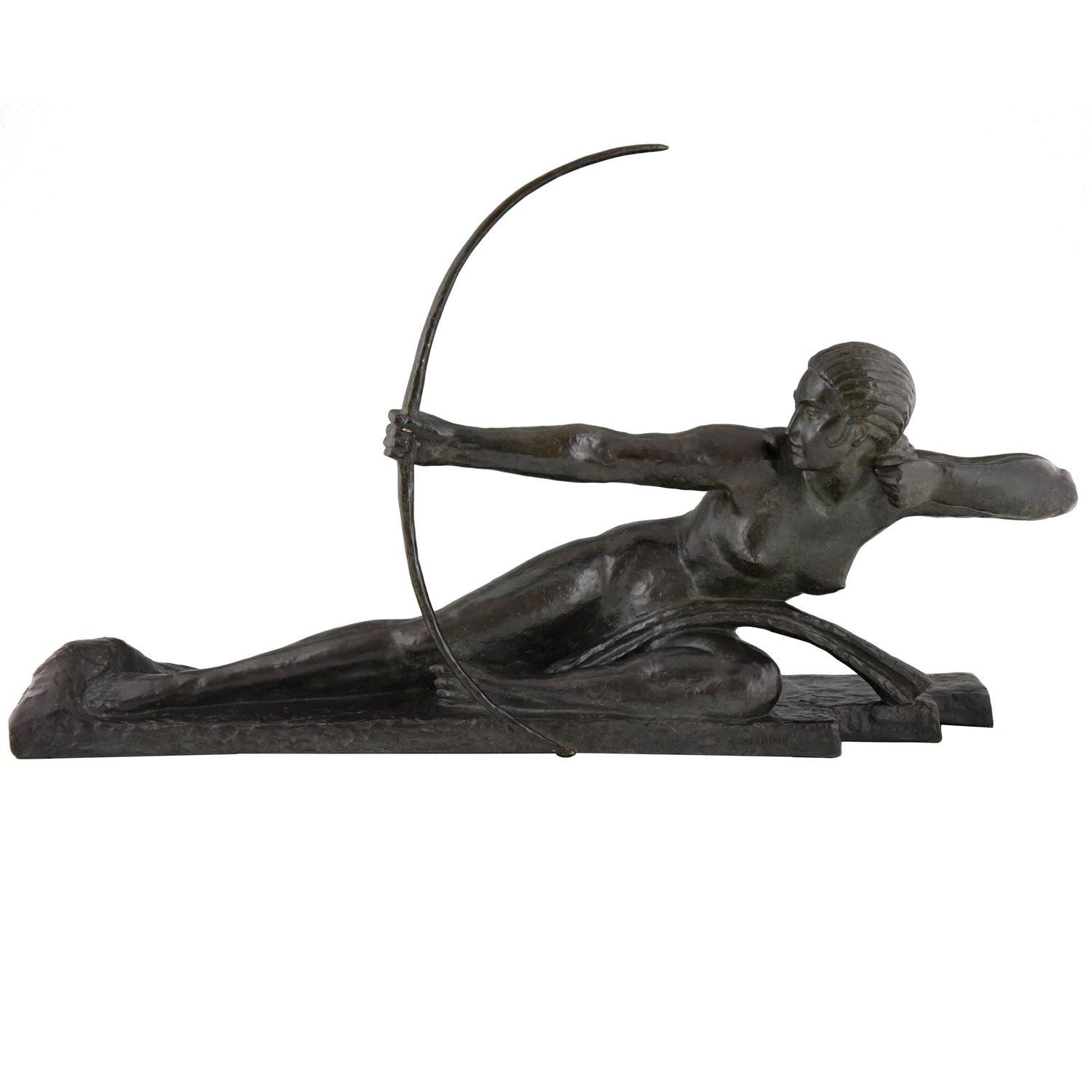 French Art Deco Bronze Sculpture Nude Female Archer By Bouraine