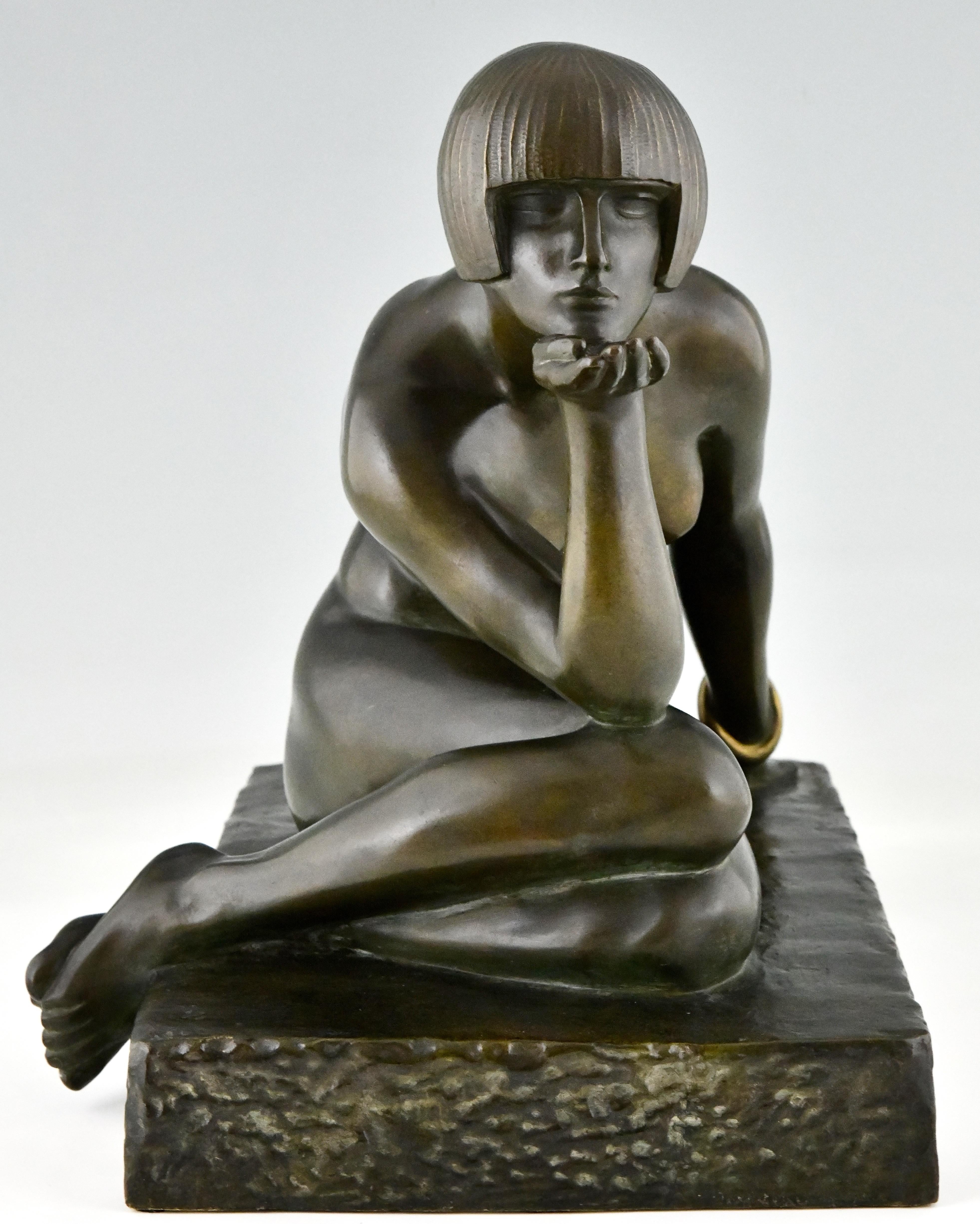 Enigme Art Deco Bronze Sculpture Seated Nude by Guiraud Rivière Foundry Seal at stDibs
