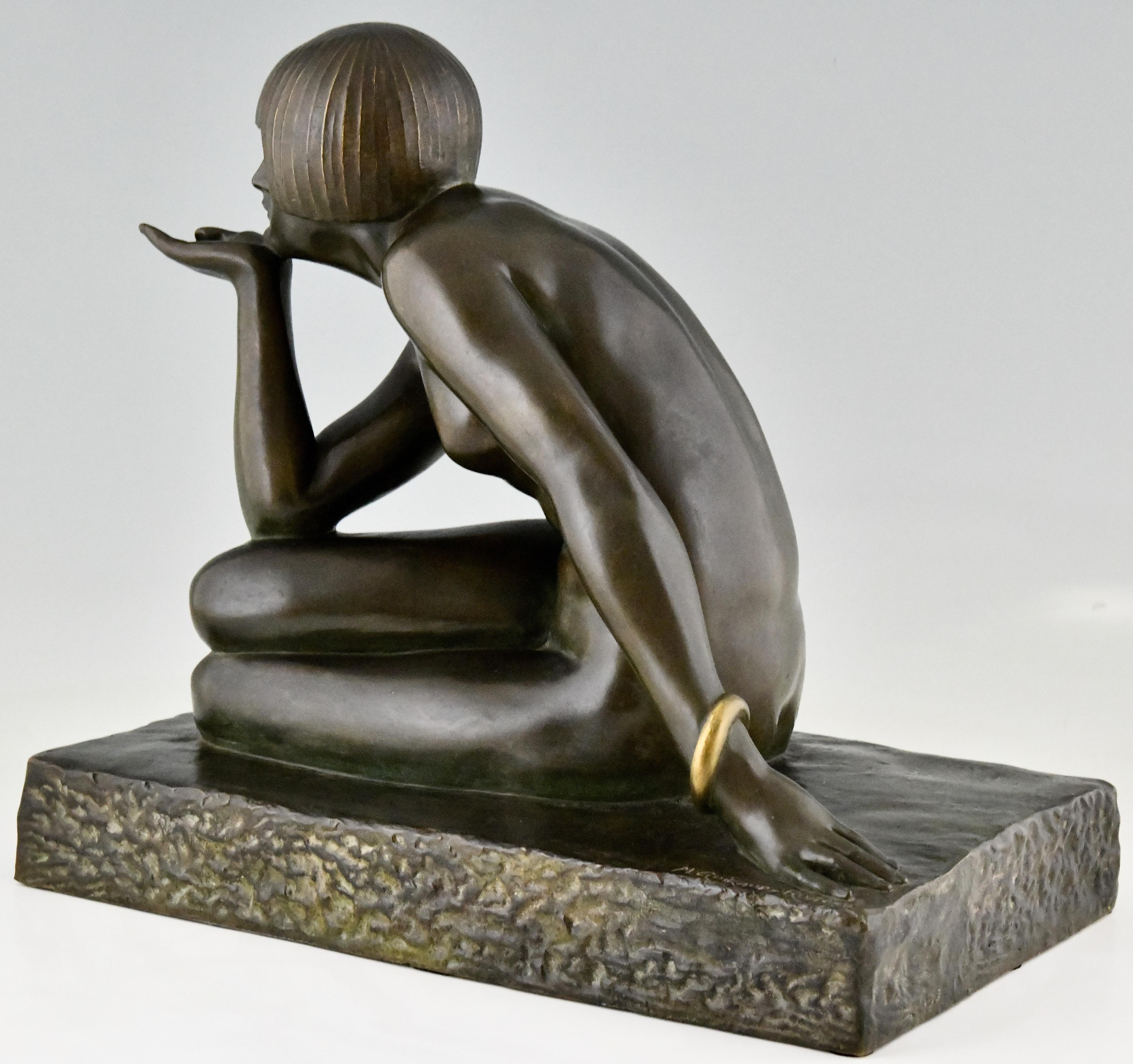 Enigme Art Deco Bronze Sculpture Seated Nude by Guiraud Rivière Foundry Seal at stDibs