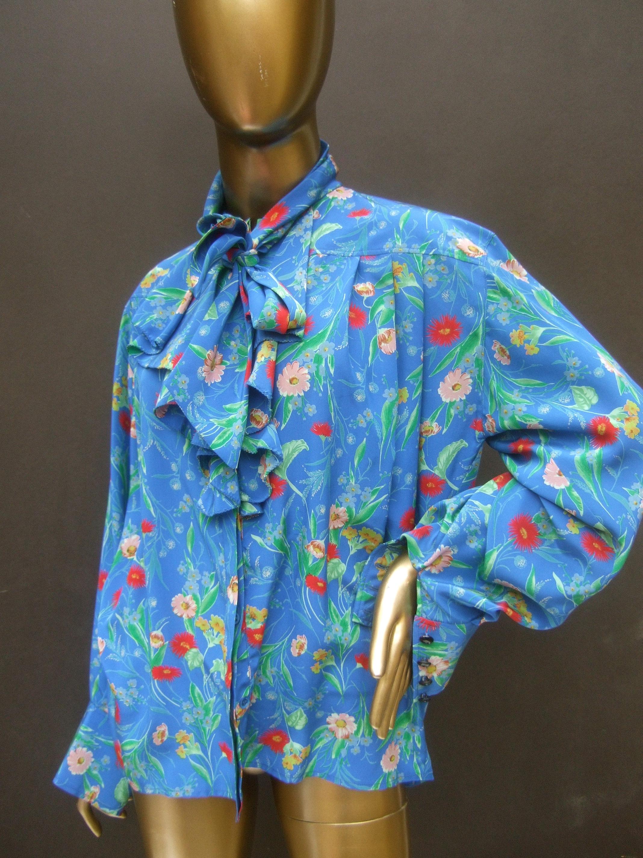 Ungaro Paris Italian Silk Floral Print Pussy Cat Bow Blouse C 1980s At