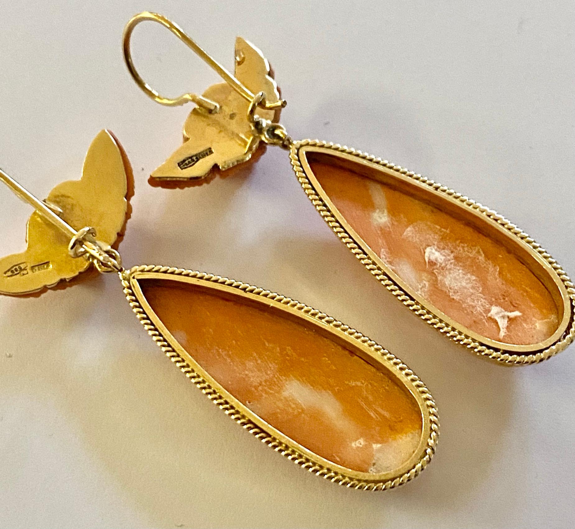 Retro 585/ Gold Earrings, Red Coral, 2x Angel Head & Billed Level, Italy, 1965 For Sale