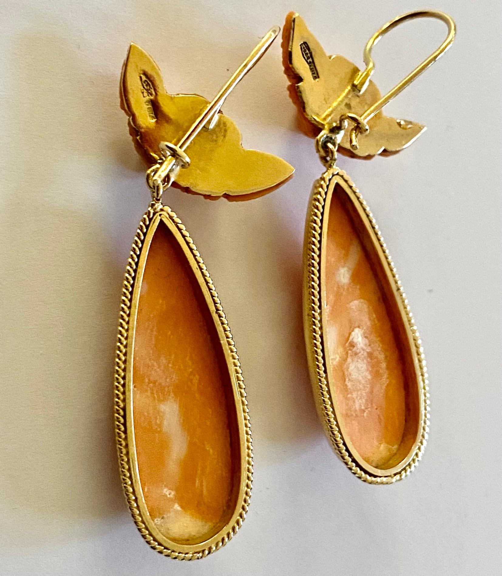 Portrait Cut 585/ Gold Earrings, Red Coral, 2x Angel Head & Billed Level, Italy, 1965 For Sale