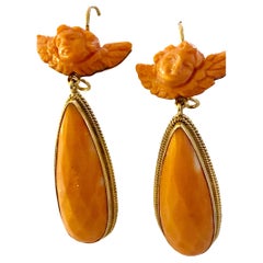 585/ Gold Earrings, Red Coral, 2x Angel Head & Billed Level, Italy, 1965