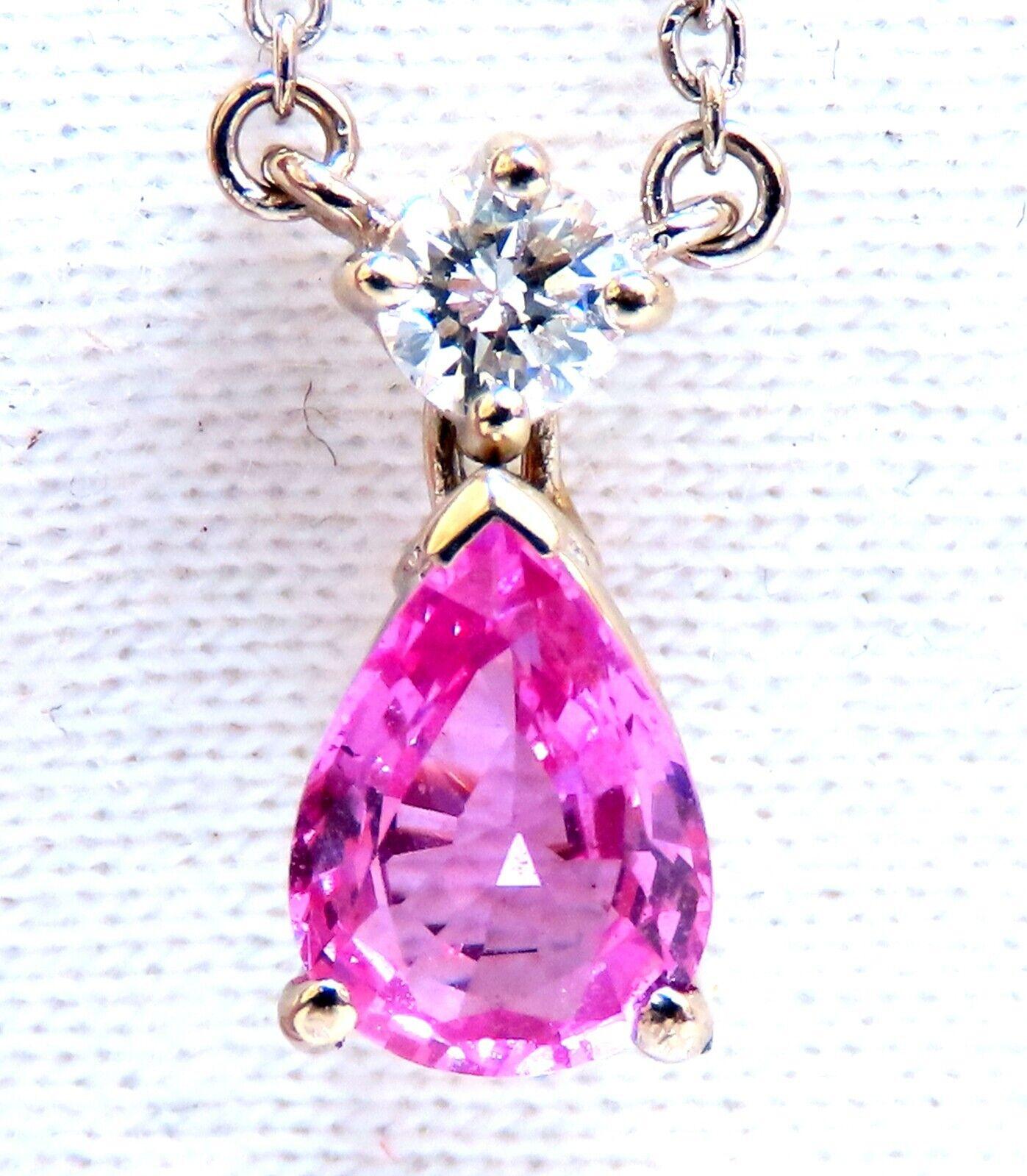 Pear shaped pink sapphire and diamonds necklace.


.80 carat natural pink sapphire.

6x5 mm

Pear-shaped, brilliant cut

.10 carat natural round diamond

G color, vs-2 clarity

14 karat white gold

2.51 grams

16 inch necklace