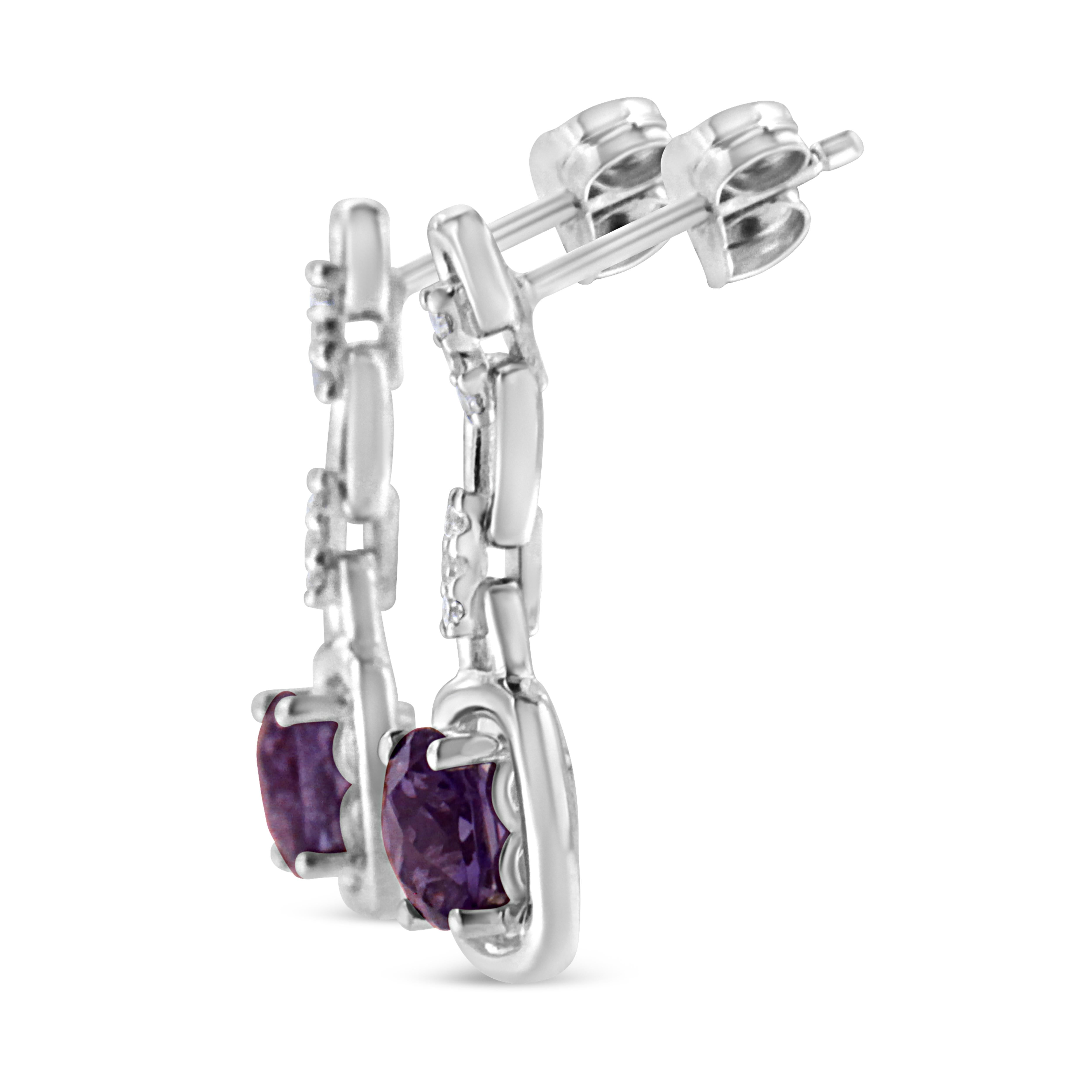 Dazzle with drop and dangle earrings made from the finest .925 sterling silver. The dangle interlocking links are embellished with round-cut, white diamonds. Two stunning 6x6MM cushion shaped natural purple amethyst gemstones dangle from each