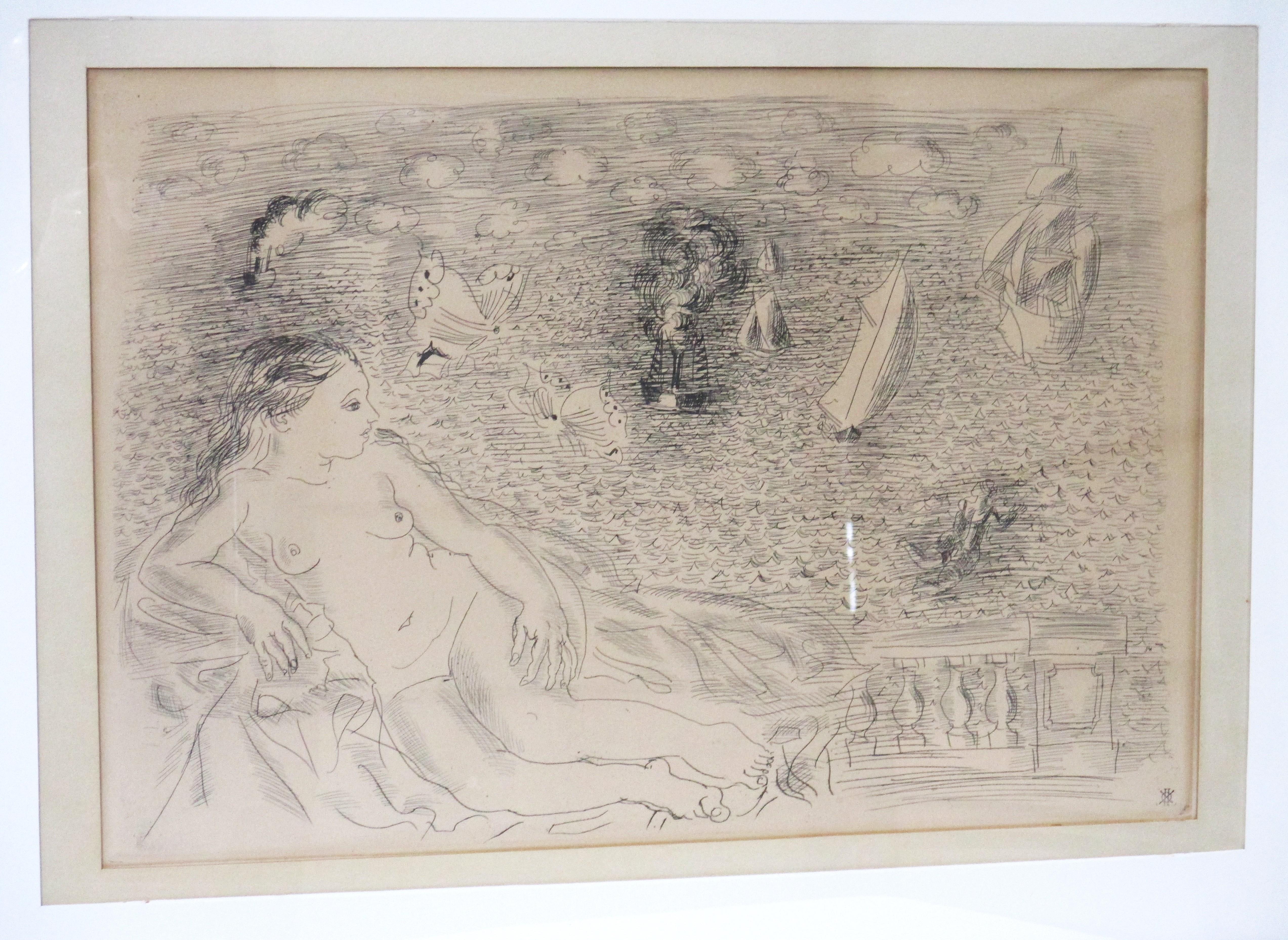 A medium sized etching by Raoul Dufy ( 1877- 1963 ) of a nude lady in waiting on a balcony overlooking the water . With different types of ships in the back round sailing into the bay and butterflies fluttering around her head this piece has a very