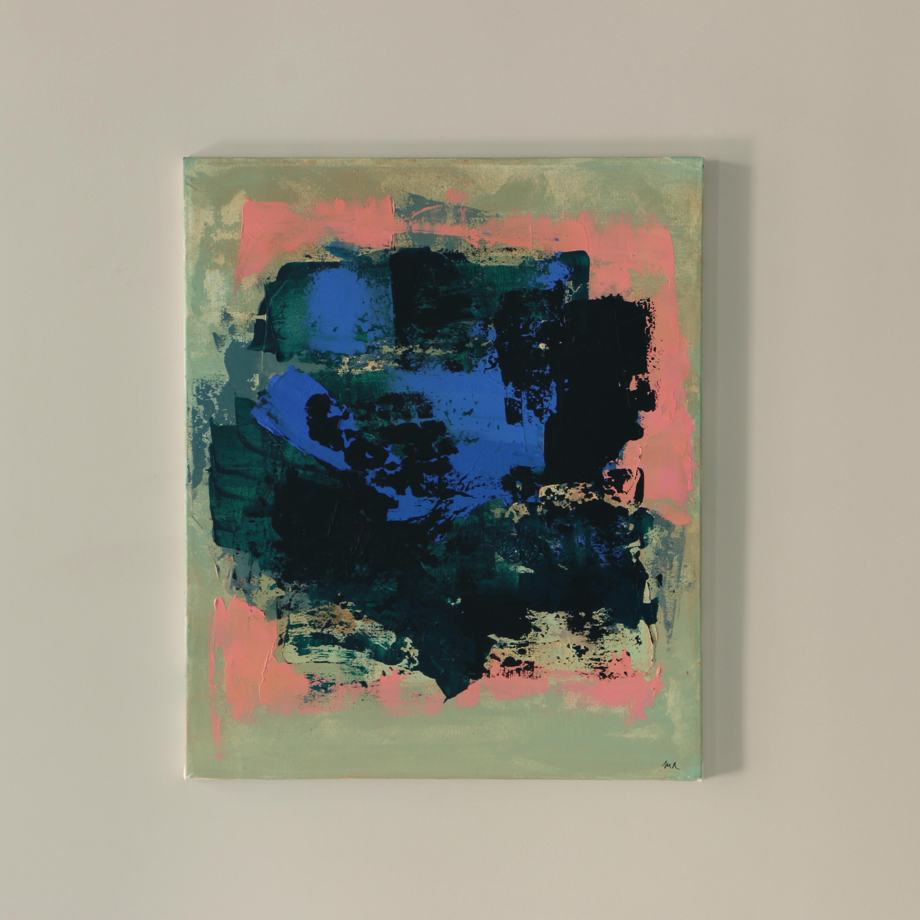 This abstract composition by Montaine R is entitled “Air vif”. This work is composed in shades of green, pink and has a bright blue heart.

Reveries, softness and poetry... Montaine R gives us to see in her works, her sensitive universe, her quest