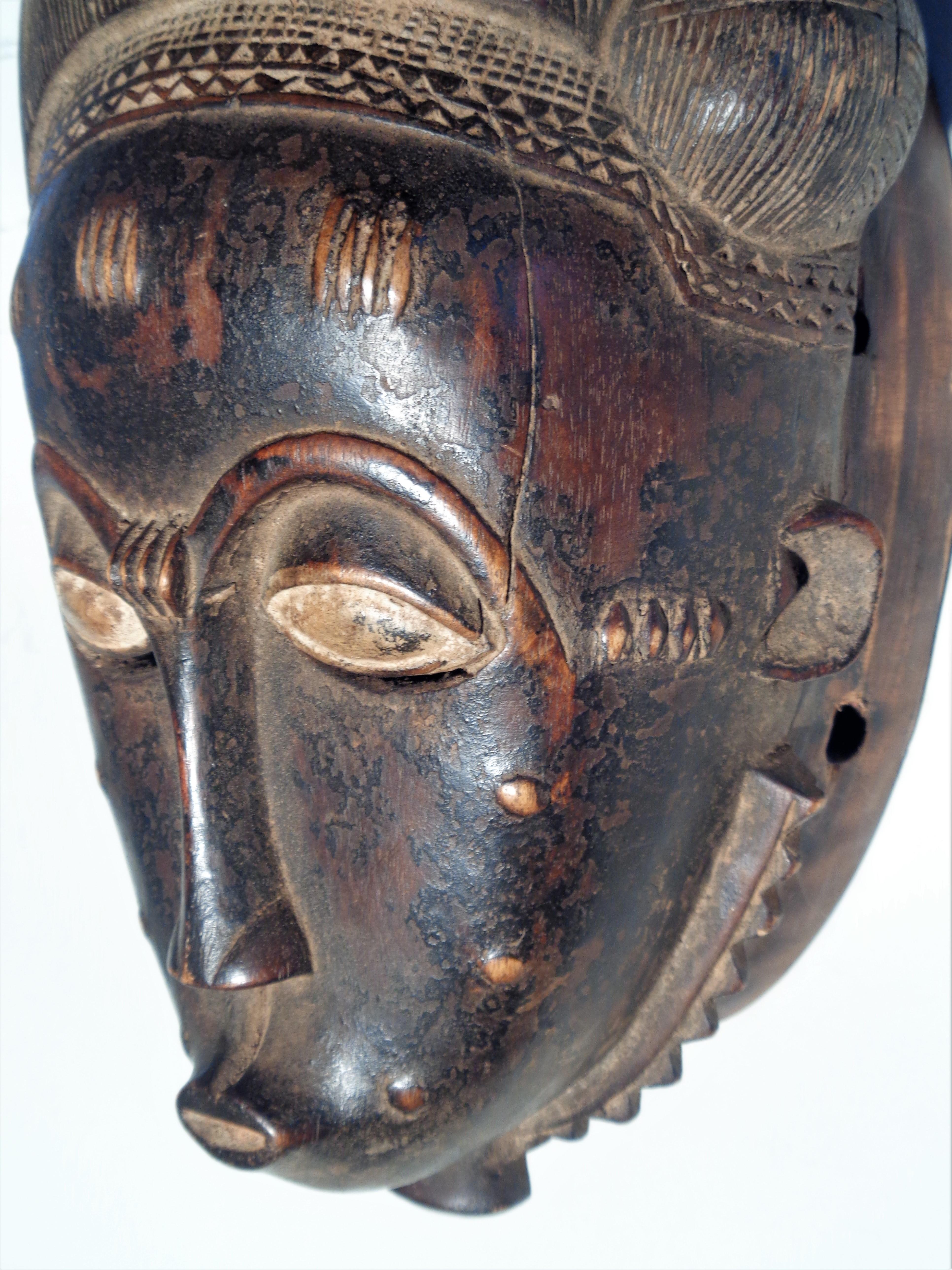 20th Century Antique Baule Peoples Portrait Mask, Ivory Coast Africa
