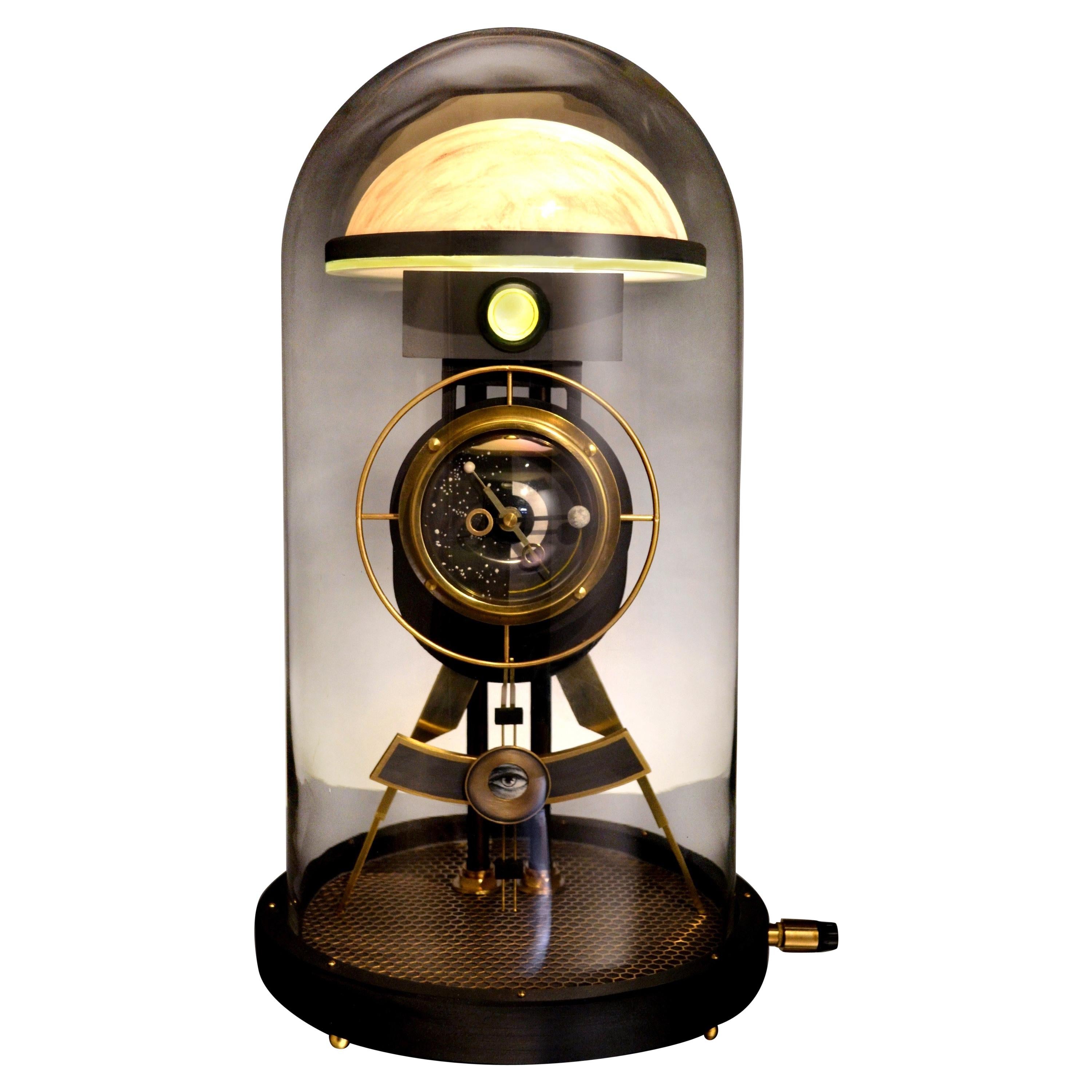 Art Donovan or "Moon Clock" Illuminated Sculpture, Glass, Brass, Maple For Sale