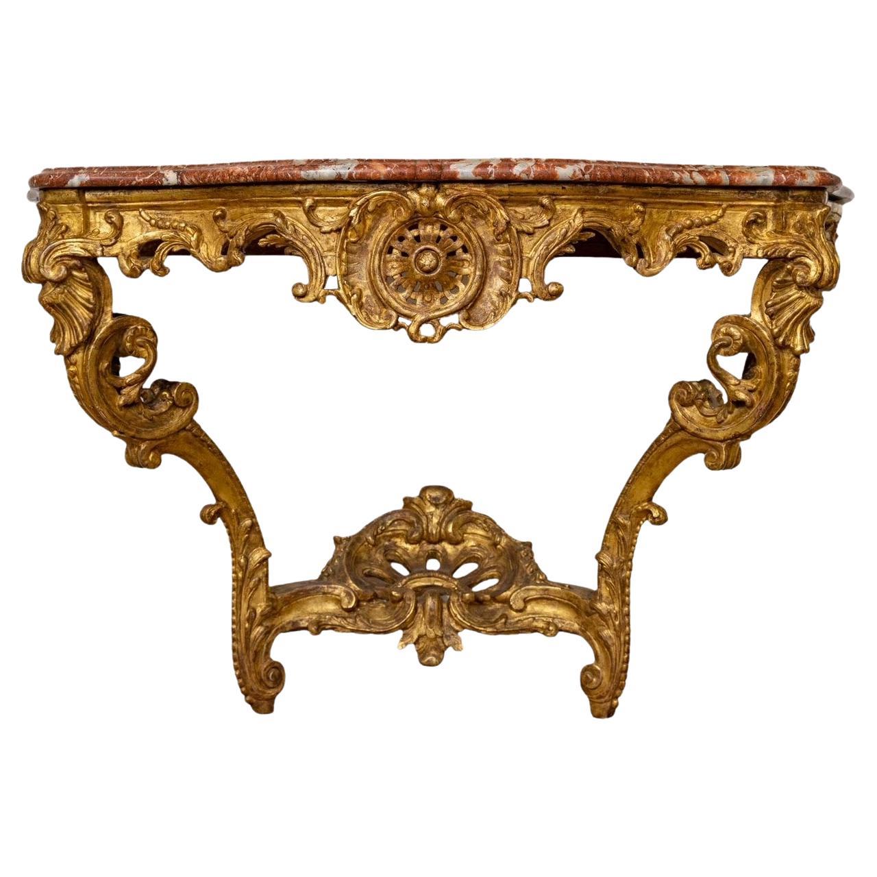 А Big Carved and Gilded Wood Console Table, Regency Period, 18th Century