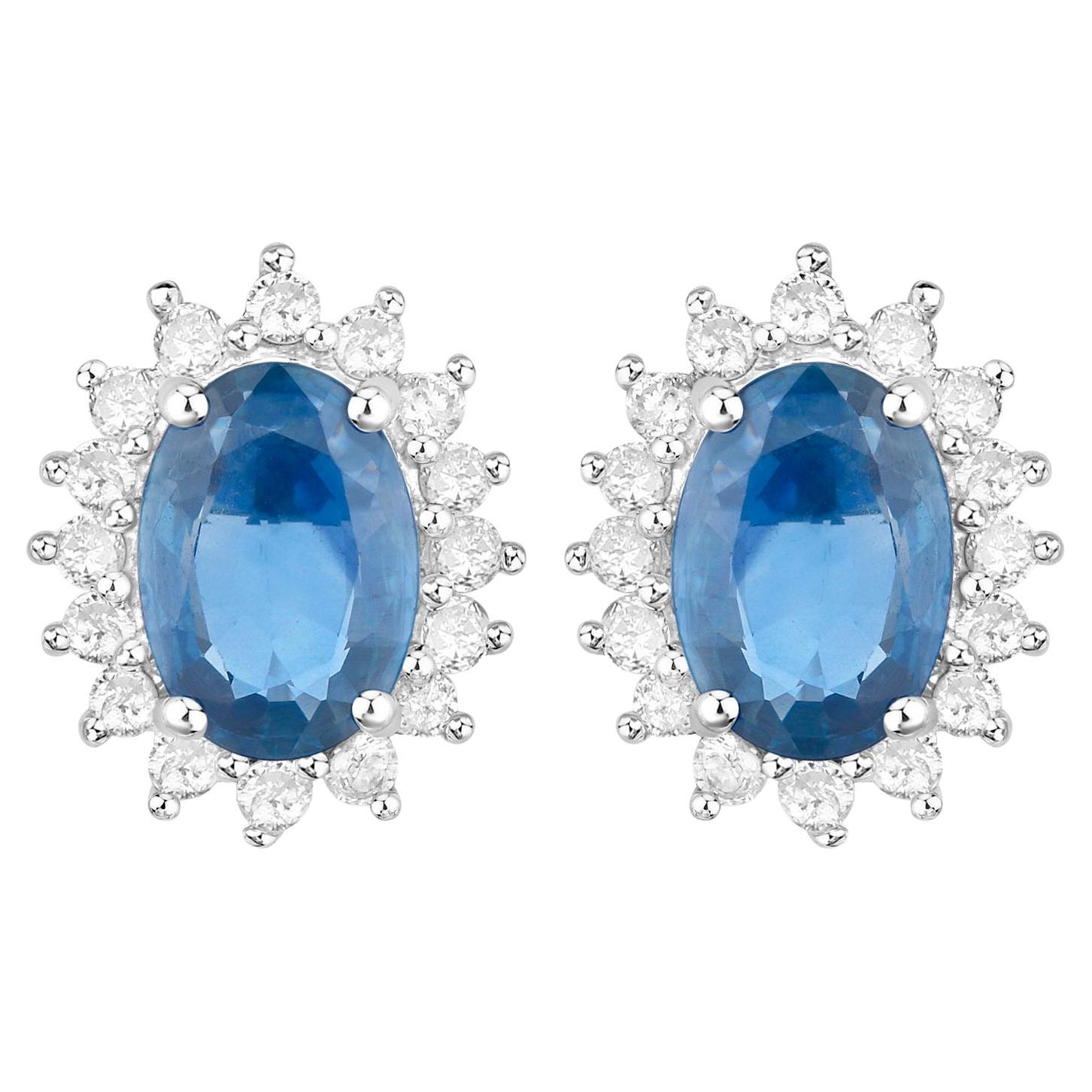 " Blue Sapphire Earrings Halo Diamonds 2.2 Carats 14K White Gold"