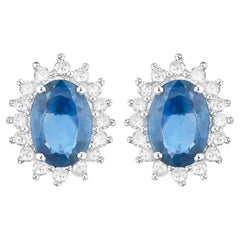 " Blue Sapphire Earrings Halo Diamonds 2.2 Carats 14K White Gold"