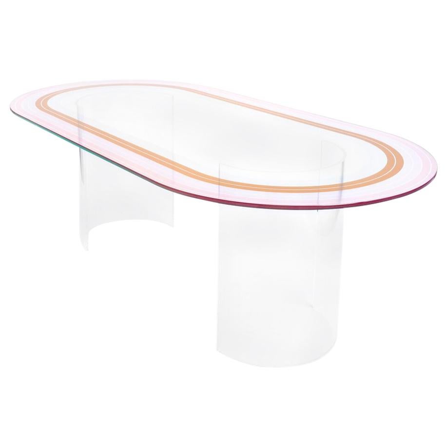 " Court Series" Track Dining Table by Pieces, Modern Printed Glass Acrylic Bases For Sale