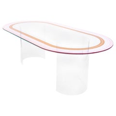 " Court Series" Track Dining Table by Pieces, Modern Printed Glass Acrylic Bases
