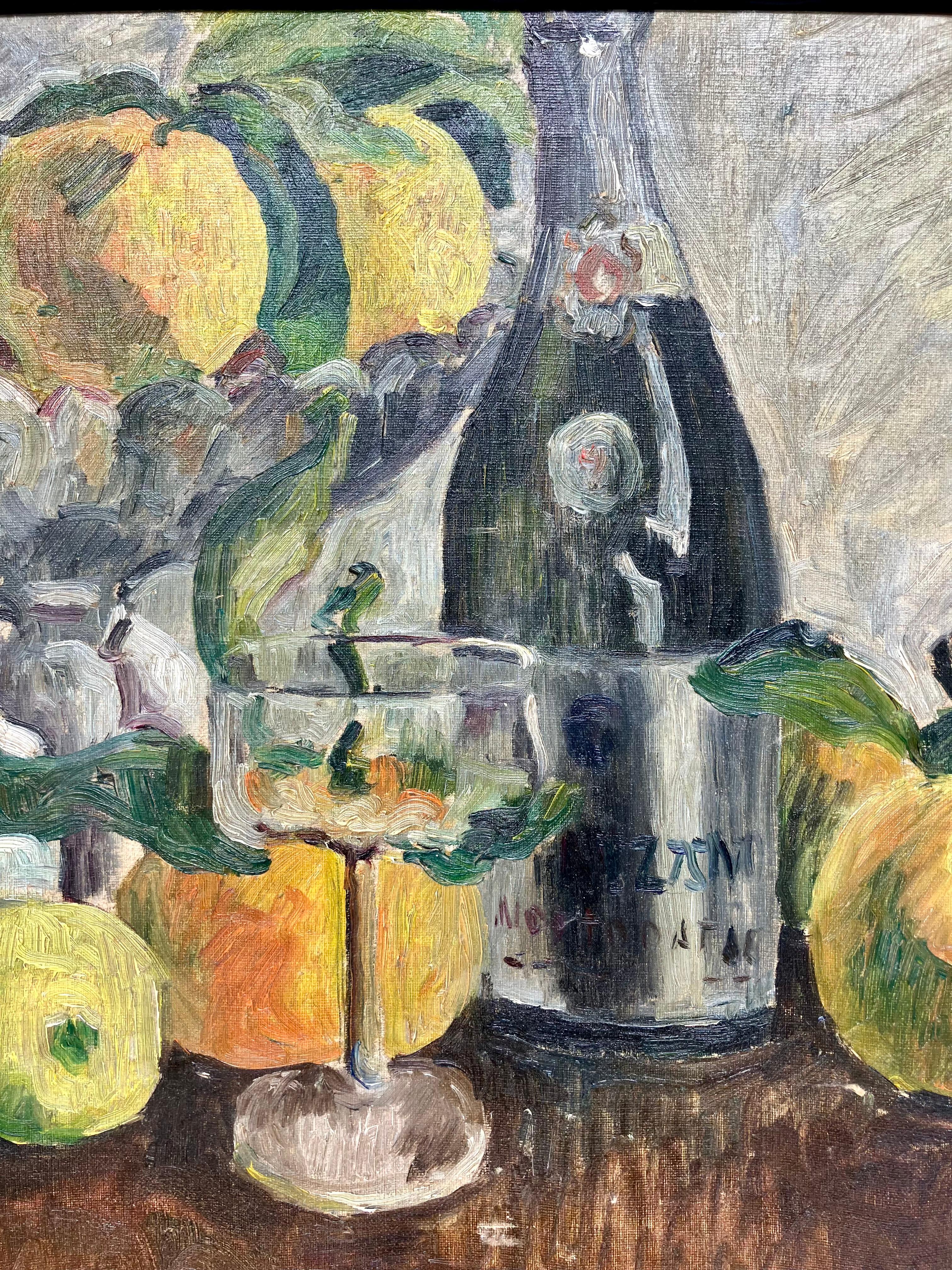E Cappiello, La Dolce Vita, 1938. Óleo vintage de Elena Cappiello que representa un refrescante aperitivo de Asti Cinzano, limones, limas y naranjas en la costa de Amalfi, en un estilo cezanniano italiano de principios de la Edad Moderna. Italia,