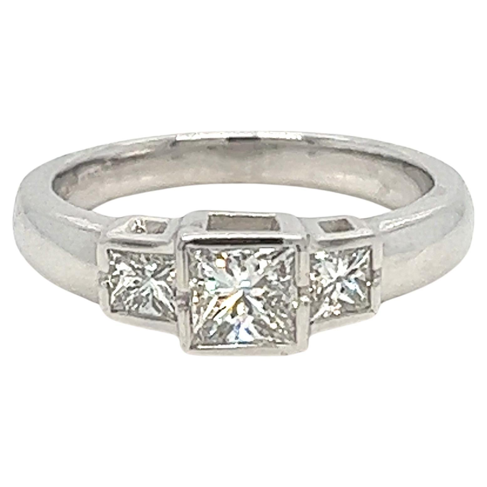 0.82 Total Carat Princess Cut Three Stone Engagement Ring For Sale