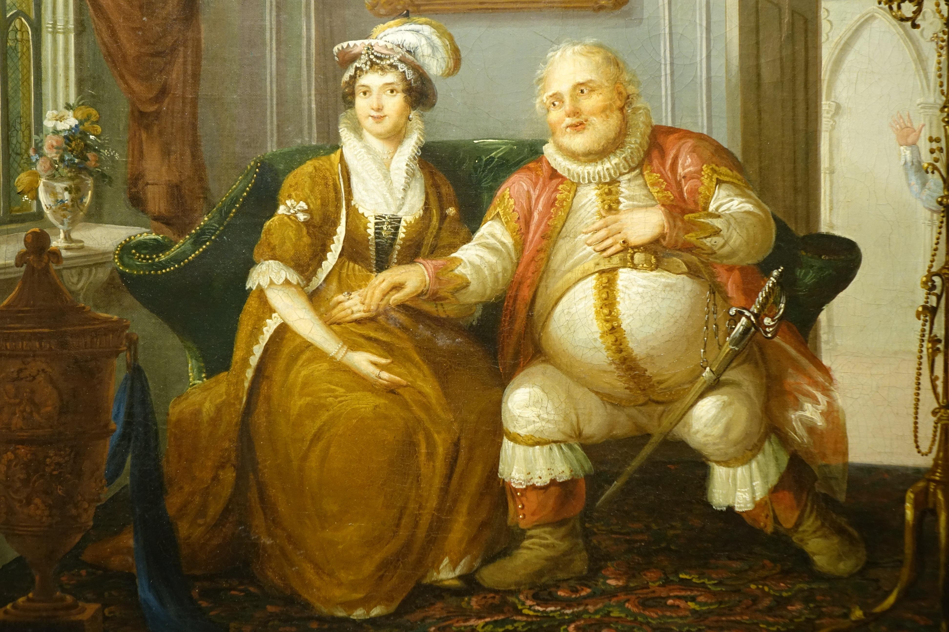 Una scena piuttosto comica ambientata in un palazzo neogotico inglese che rappresenta Sir John Falstaff.
Un uomo barbuto e piuttosto grassoccio, vestito in stile XVI secolo, sta corteggiando una dama di qualità, riccamente vestita e con un cappello