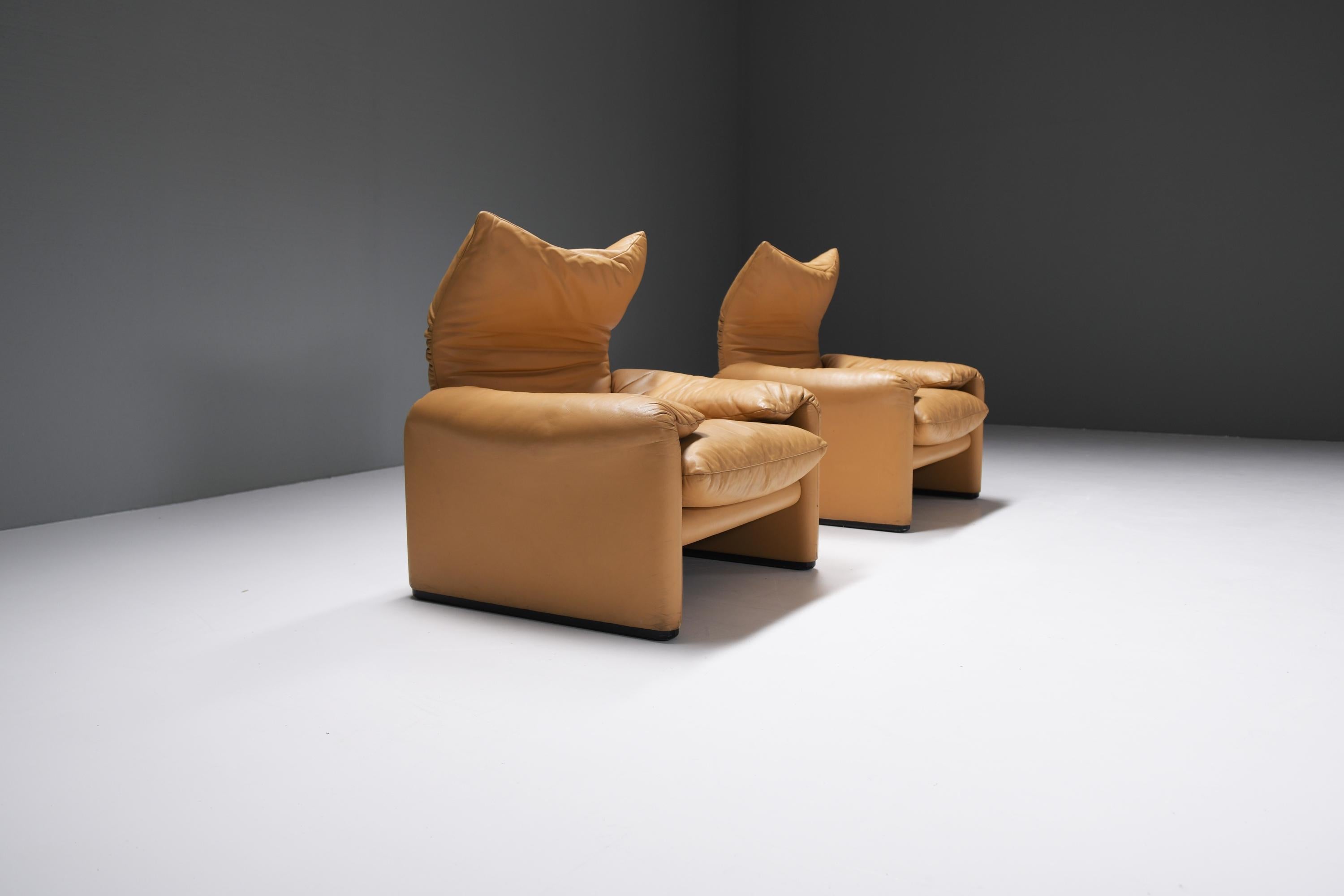 Leather Set of matching Maralunga's in original leather by Vico Magistretti for Cassina