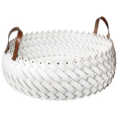  ( For Sophia ) Contemporary White Woven Leather Almeria Basket with Handles
