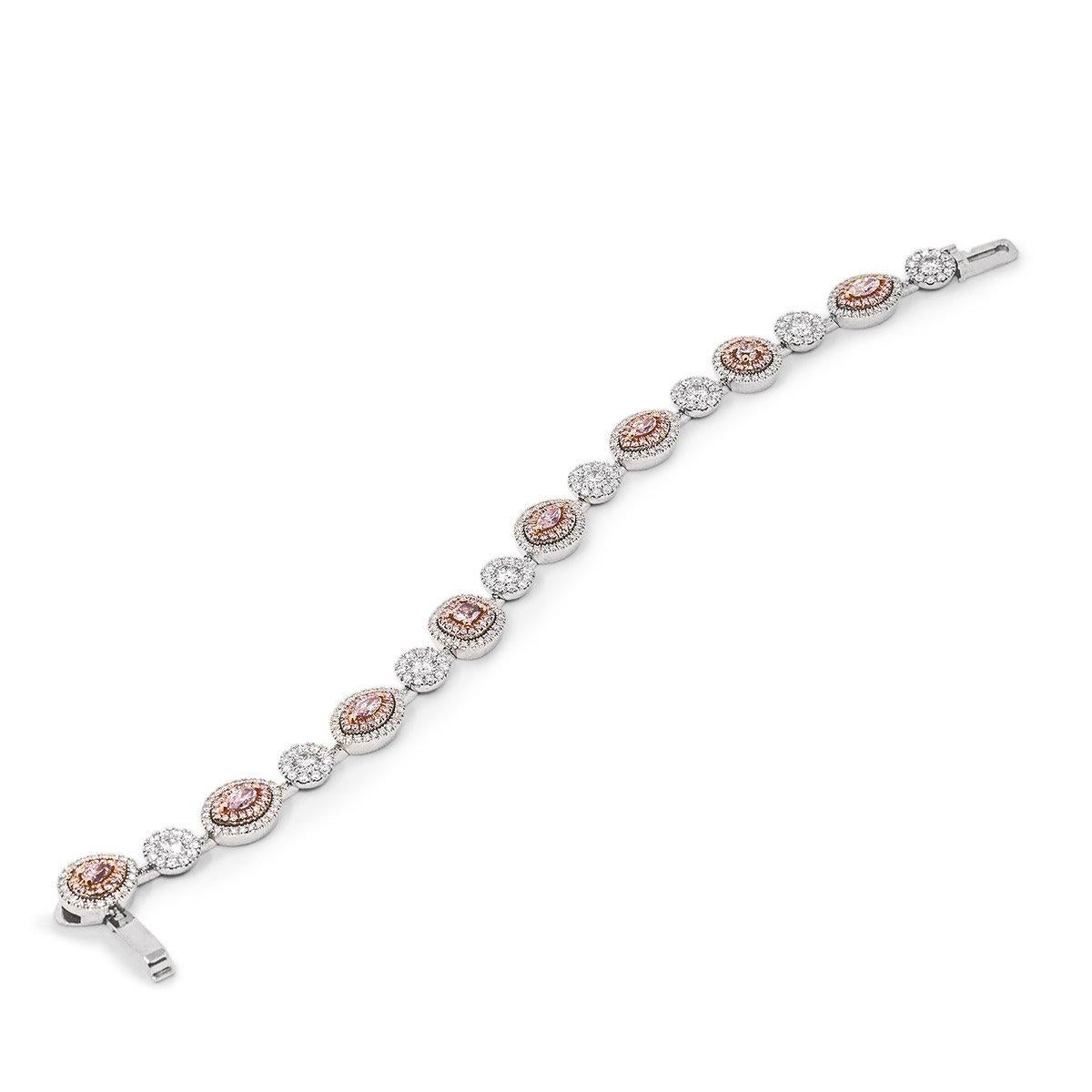 Contemporary GIA Certified 3.14 Carat Fancy Pink Diamond Mix Shape 18 Karat Gold Bracelet For Sale