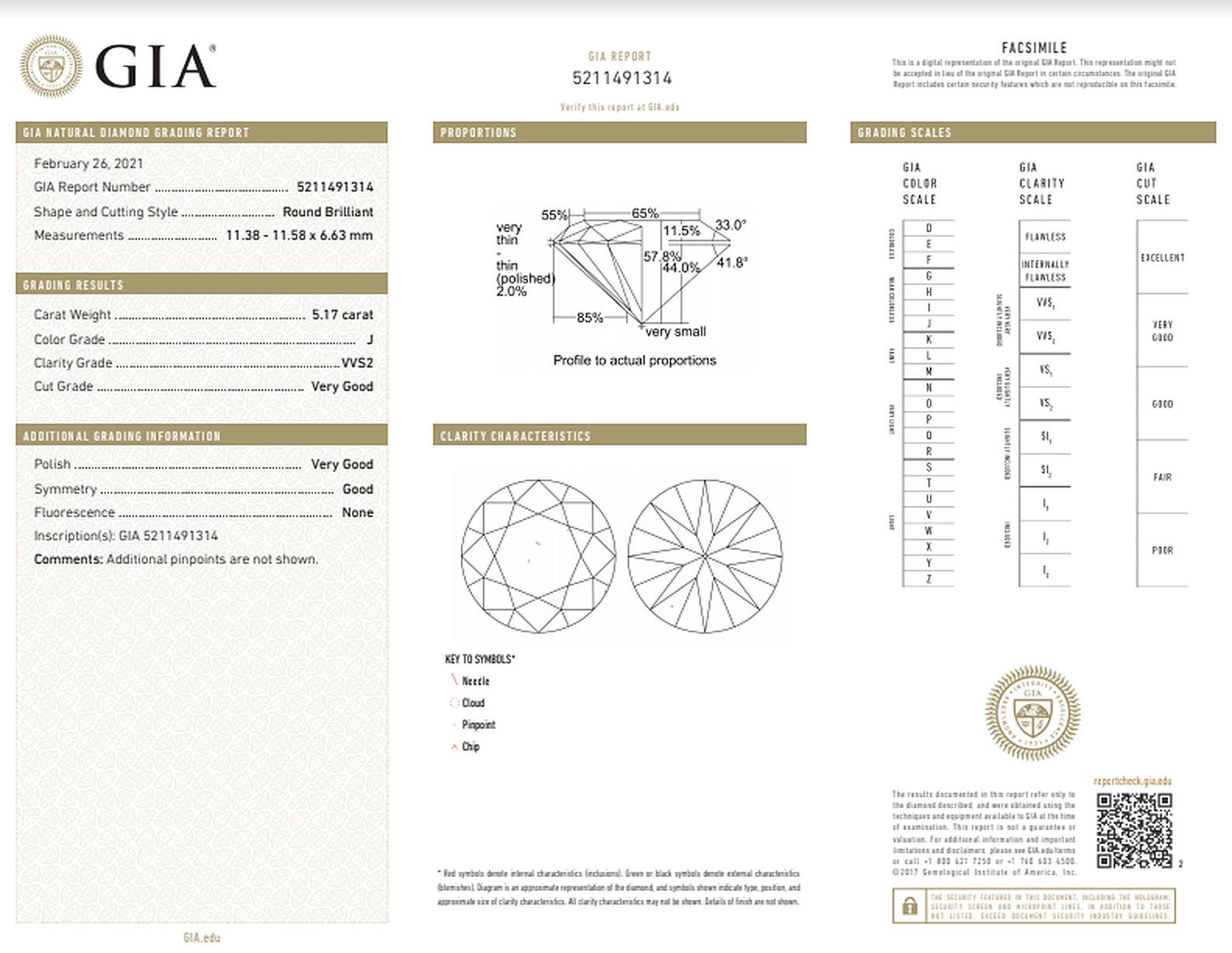 Modern GIA Certified 5.17ct, Round Brilliant Diamond Set in 18k Gold