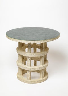 " Table " Gloriette " en grès brut avec plateau émaillé vert par Denis Castaing.