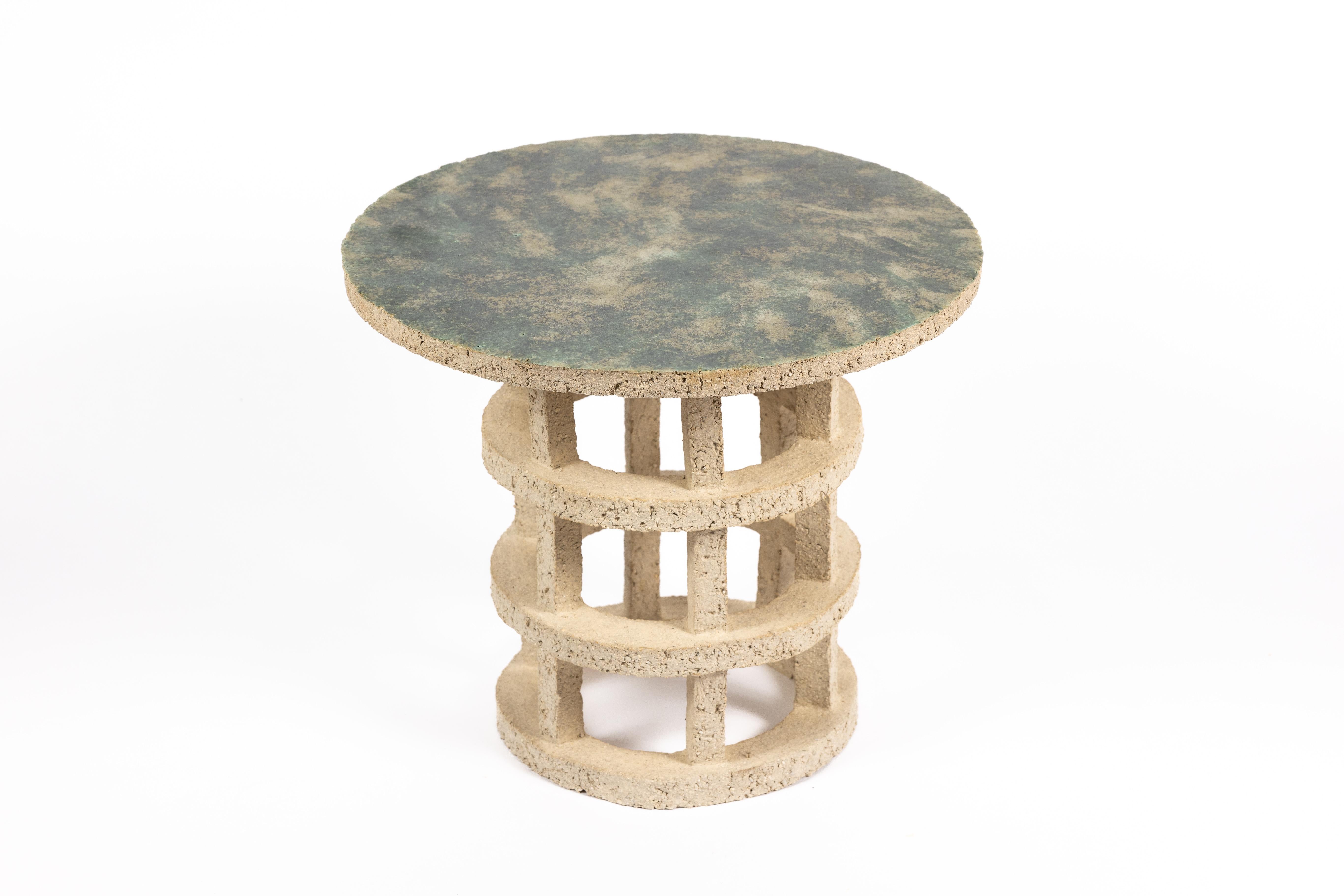 Beaux Arts « Gloriette » table in raw stoneware with green glazed top by Denis Castaing For Sale
