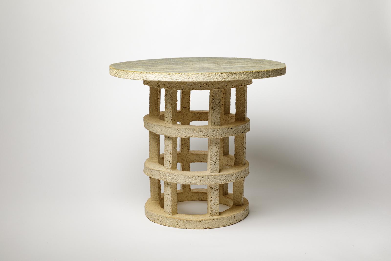 Beaux Arts « Gloriette » table in raw stoneware with green glazed top by Denis Castaing. For Sale