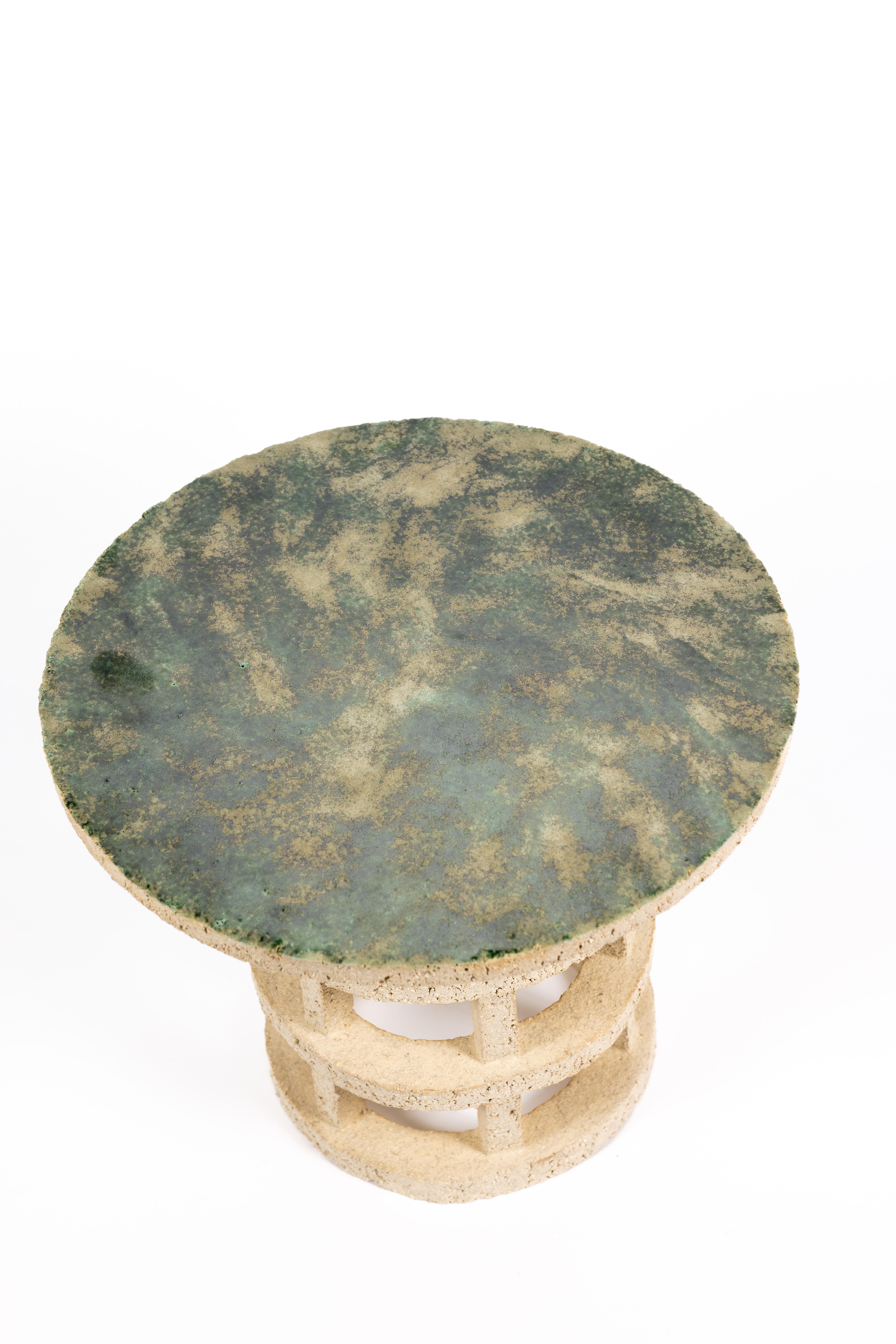 French « Gloriette » table in raw stoneware with green glazed top by Denis Castaing For Sale