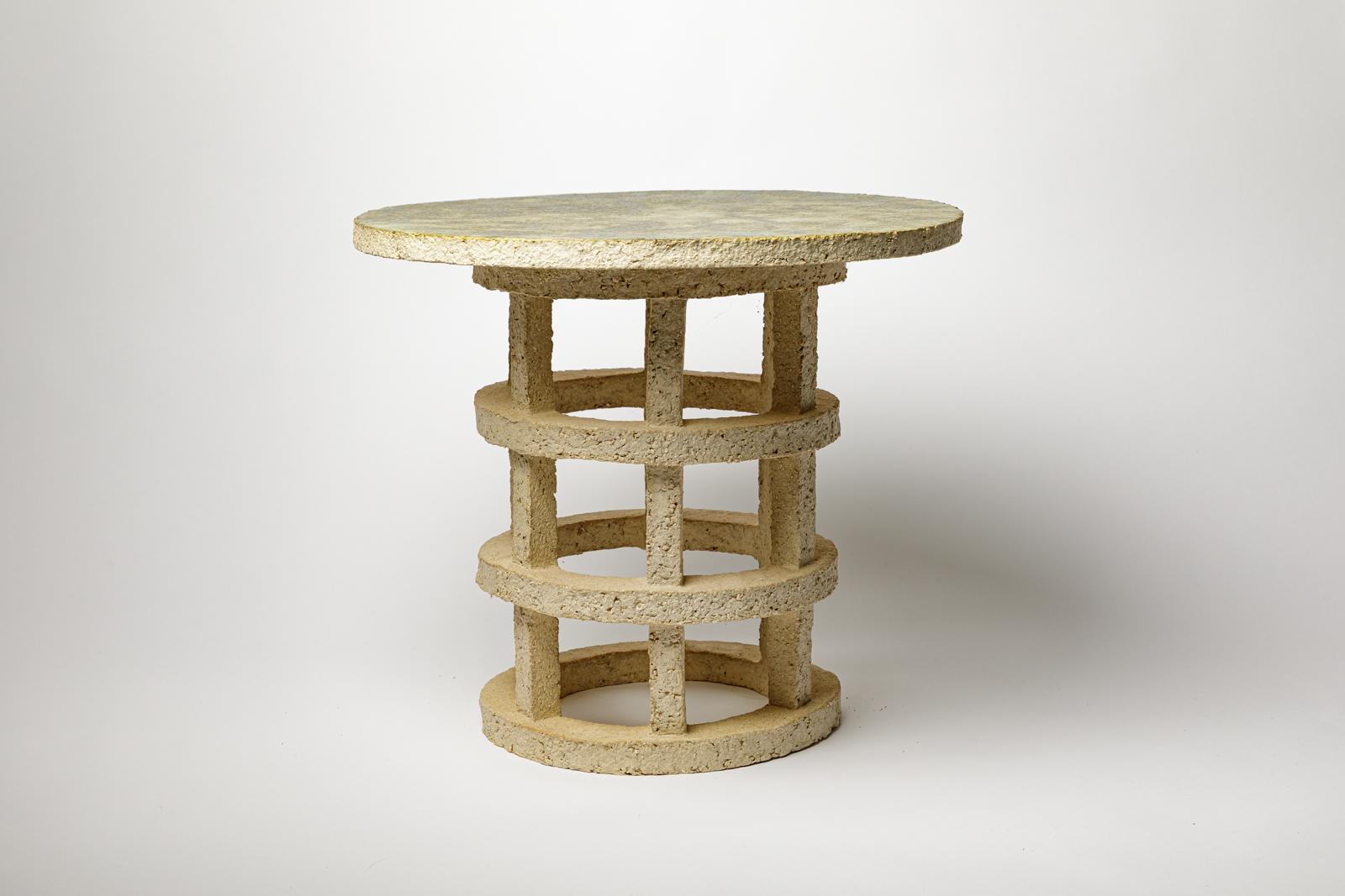 French « Gloriette » table in raw stoneware with green glazed top by Denis Castaing. For Sale