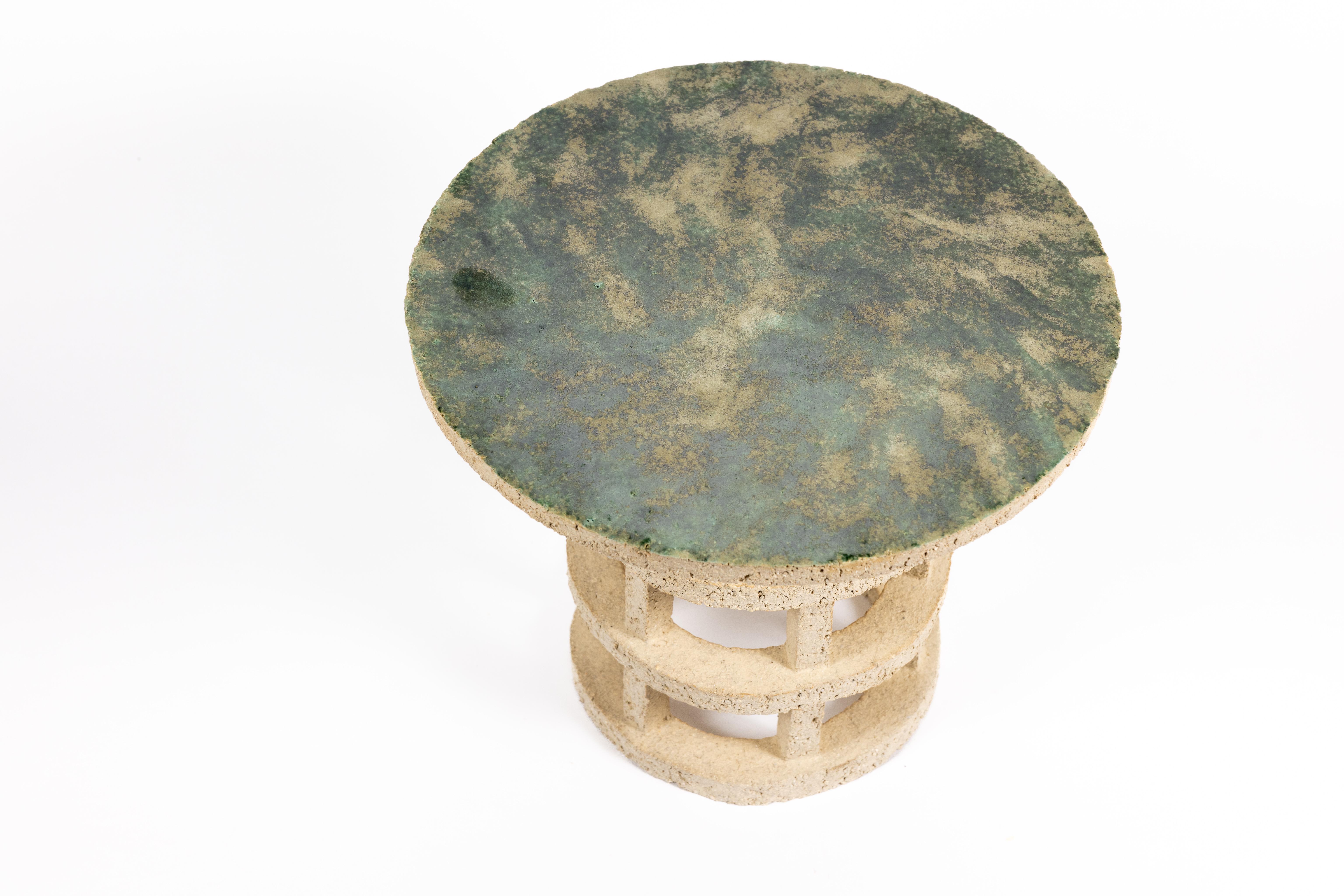 « Gloriette » table in raw stoneware with green glazed top by Denis Castaing In New Condition For Sale In Saint-Ouen, FR