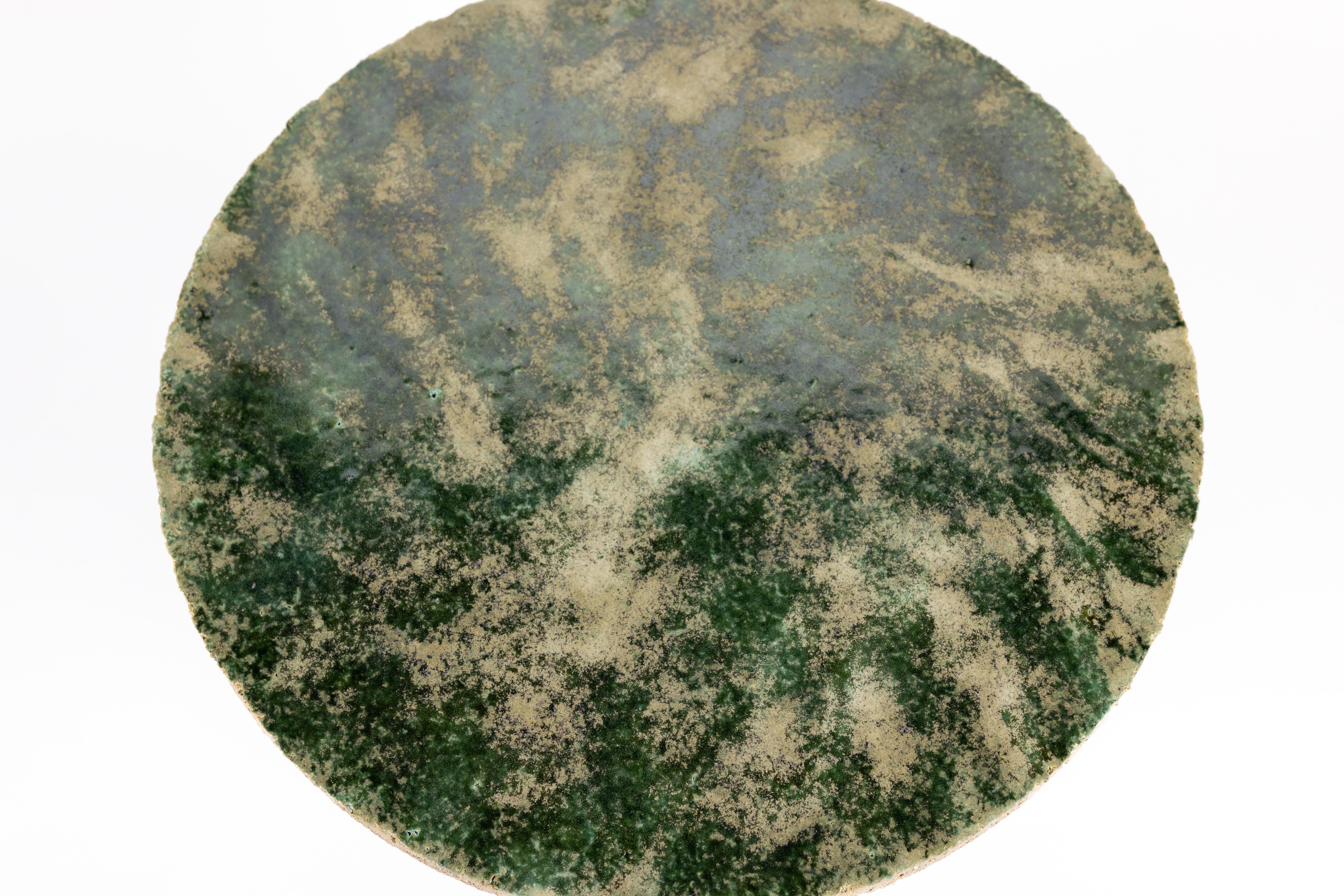 Contemporary « Gloriette » table in raw stoneware with green glazed top by Denis Castaing For Sale