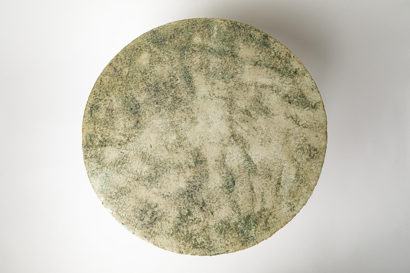 Contemporary « Gloriette » table in raw stoneware with green glazed top by Denis Castaing. For Sale