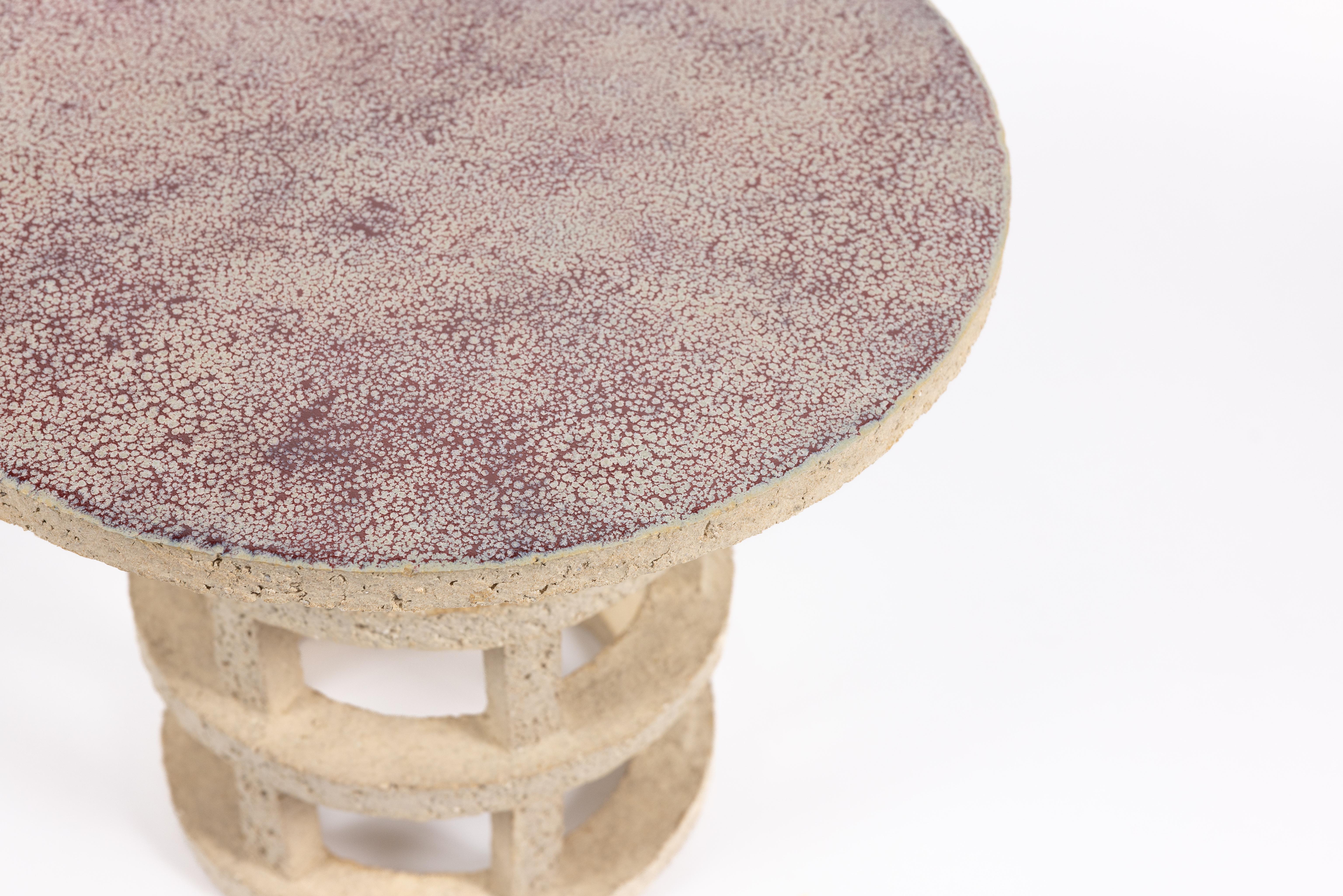 Ceramic « Gloriette » table in raw stoneware with red glazed top by Denis Castaing For Sale