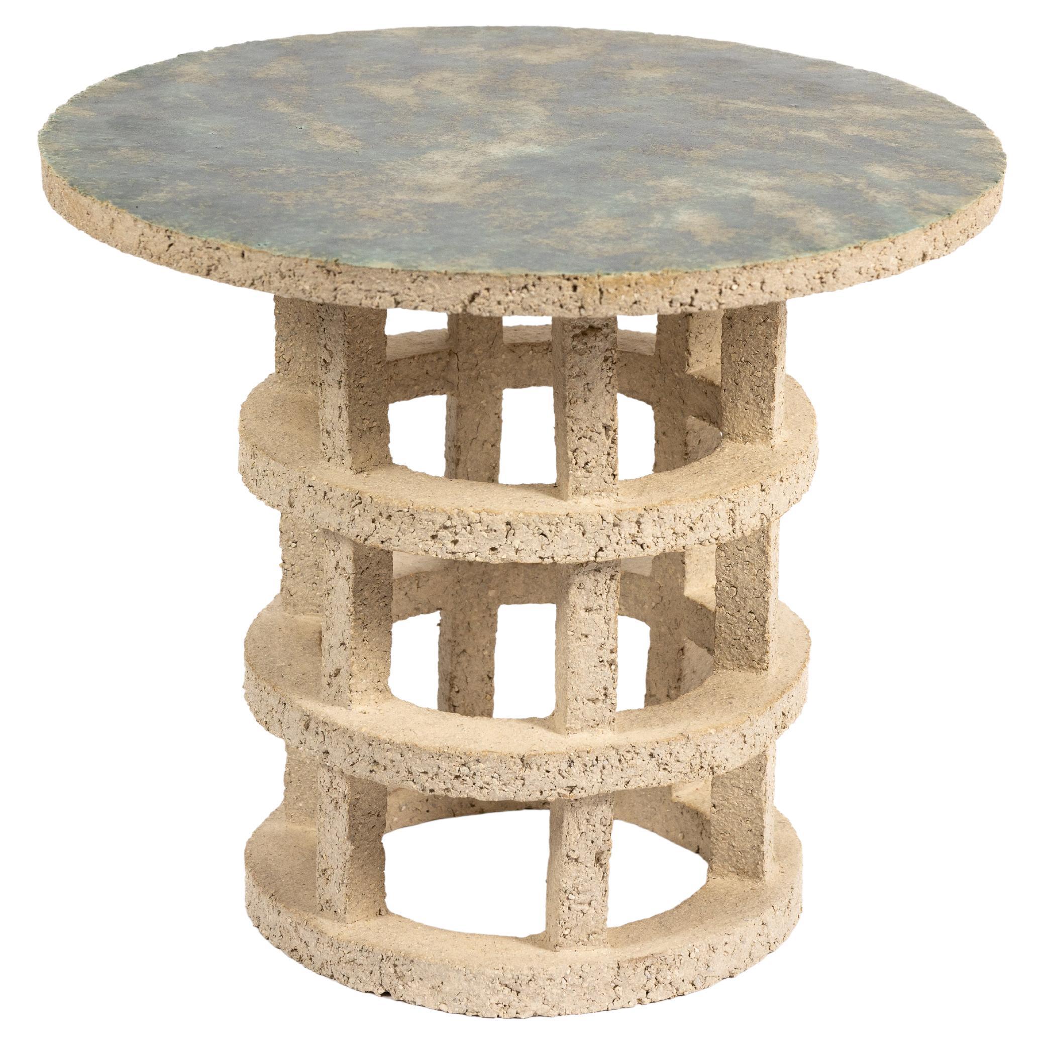 « Gloriette » table in raw stoneware with green glazed top by Denis Castaing