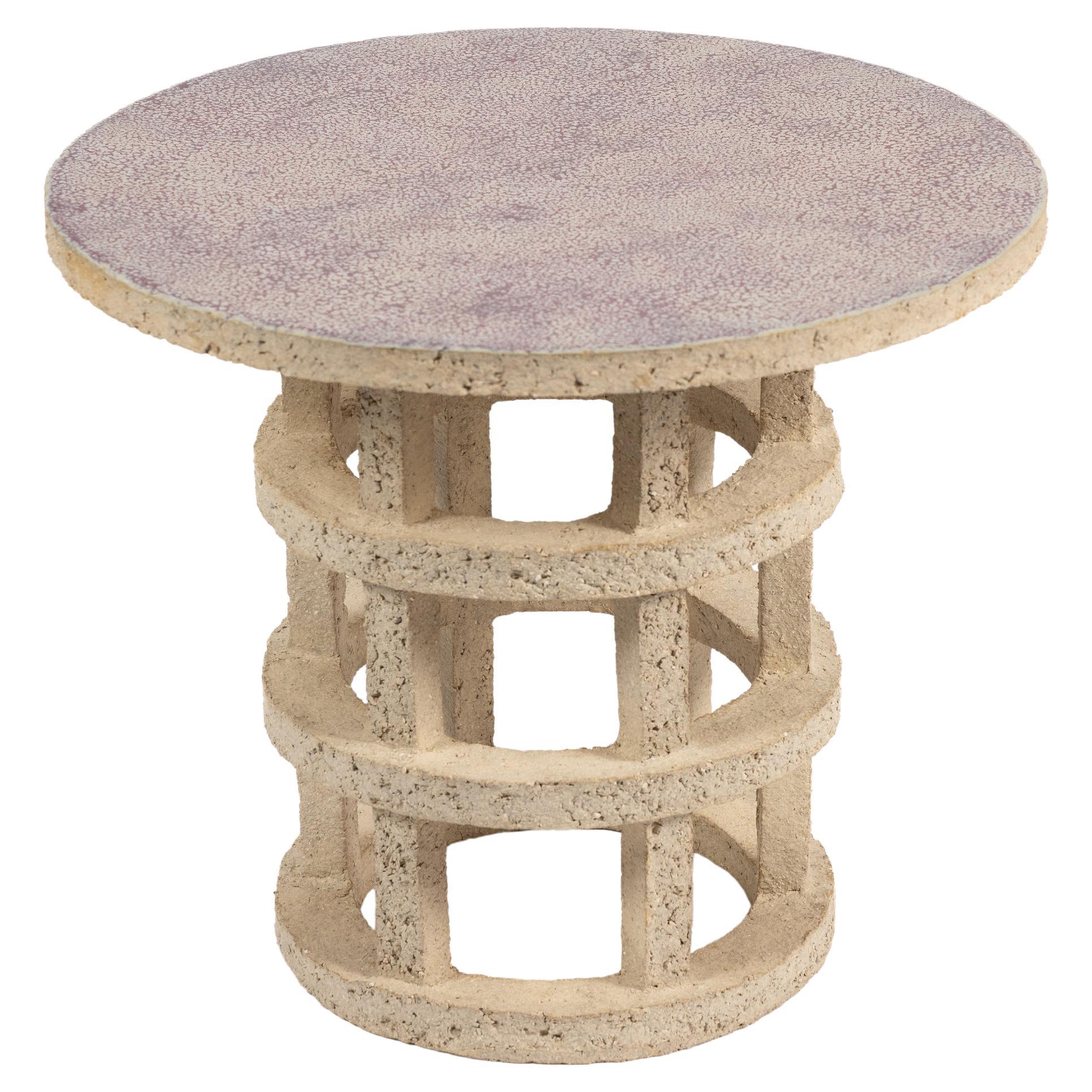 « Gloriette » table in raw stoneware with red glazed top by Denis Castaing