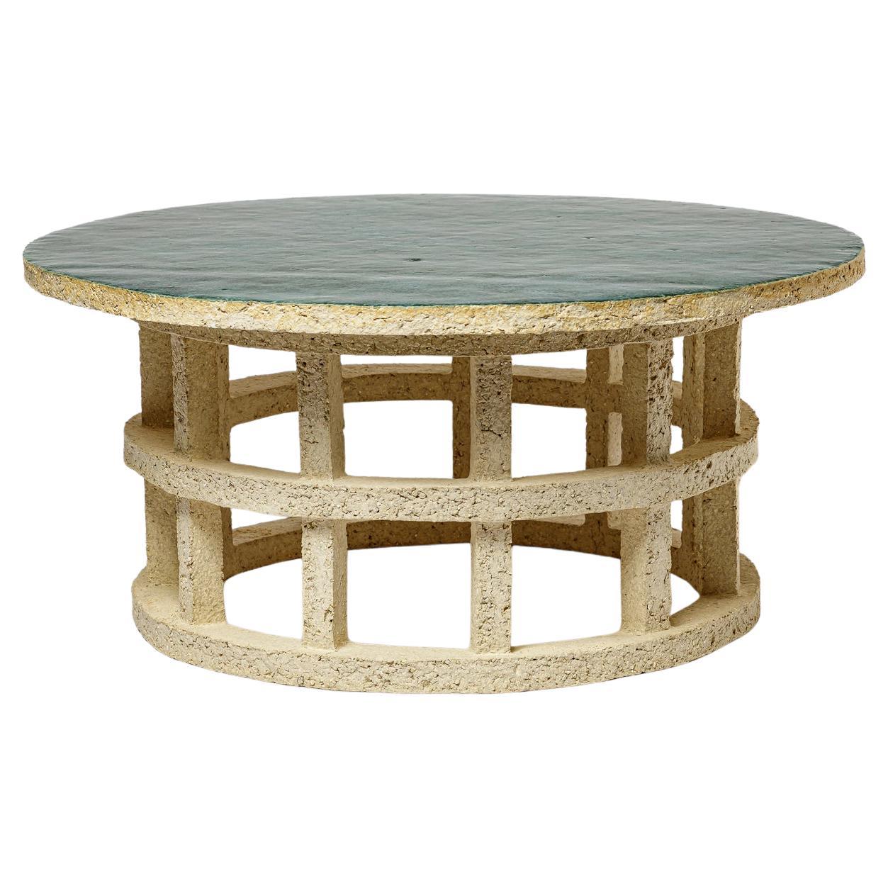" Mesa " Gloriette " de gres crudo con tapa esmaltada en verde, de Denis Castaing. en venta