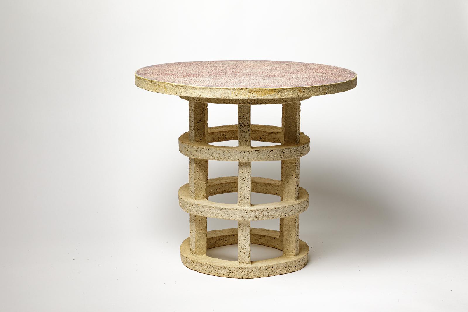 Beaux Arts « Gloriette » table in raw stoneware with red glazed top by Denis Castaing. For Sale
