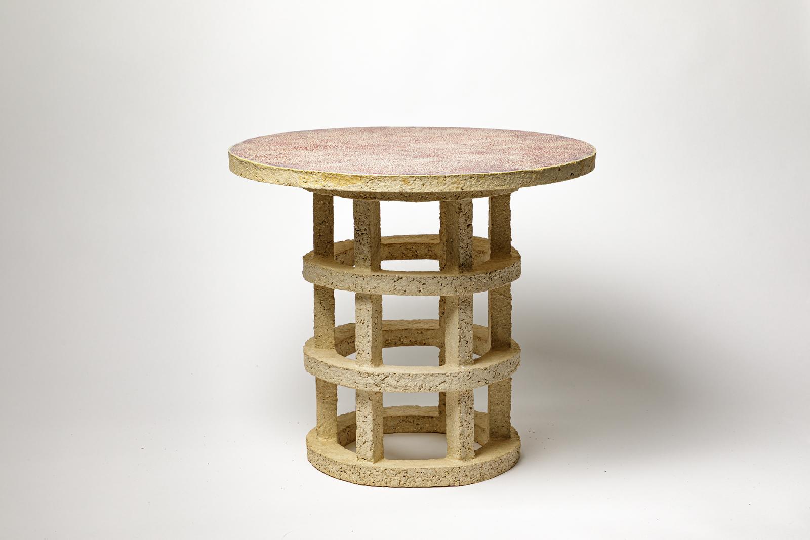 French « Gloriette » table in raw stoneware with red glazed top by Denis Castaing. For Sale