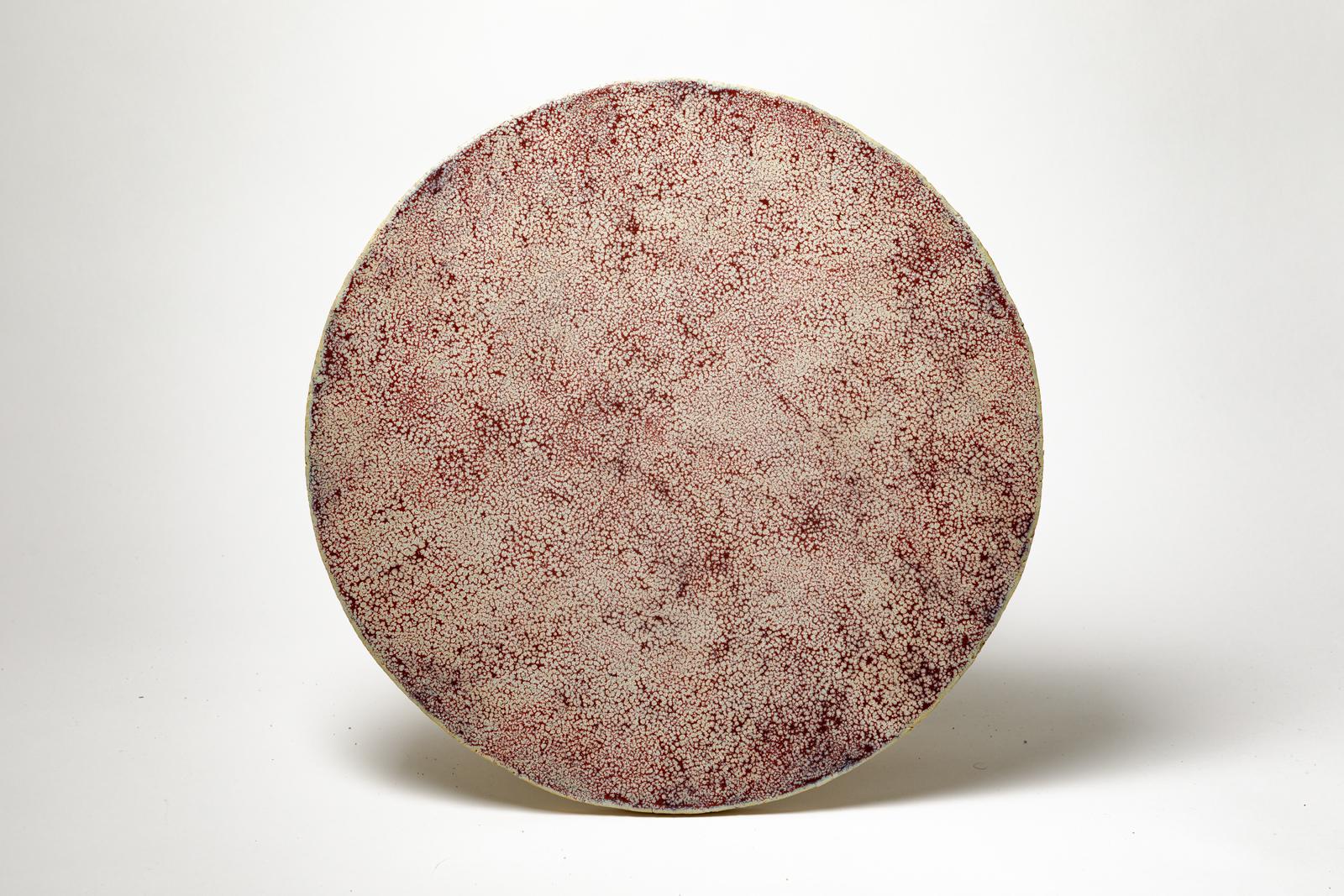 Contemporary « Gloriette » table in raw stoneware with red glazed top by Denis Castaing. For Sale