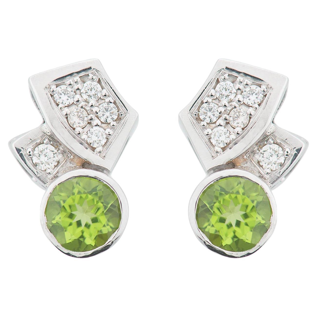 " Joy" Earrings in 18k White Gold, H SI 1 Brilliants and Green Peridot. For Sale