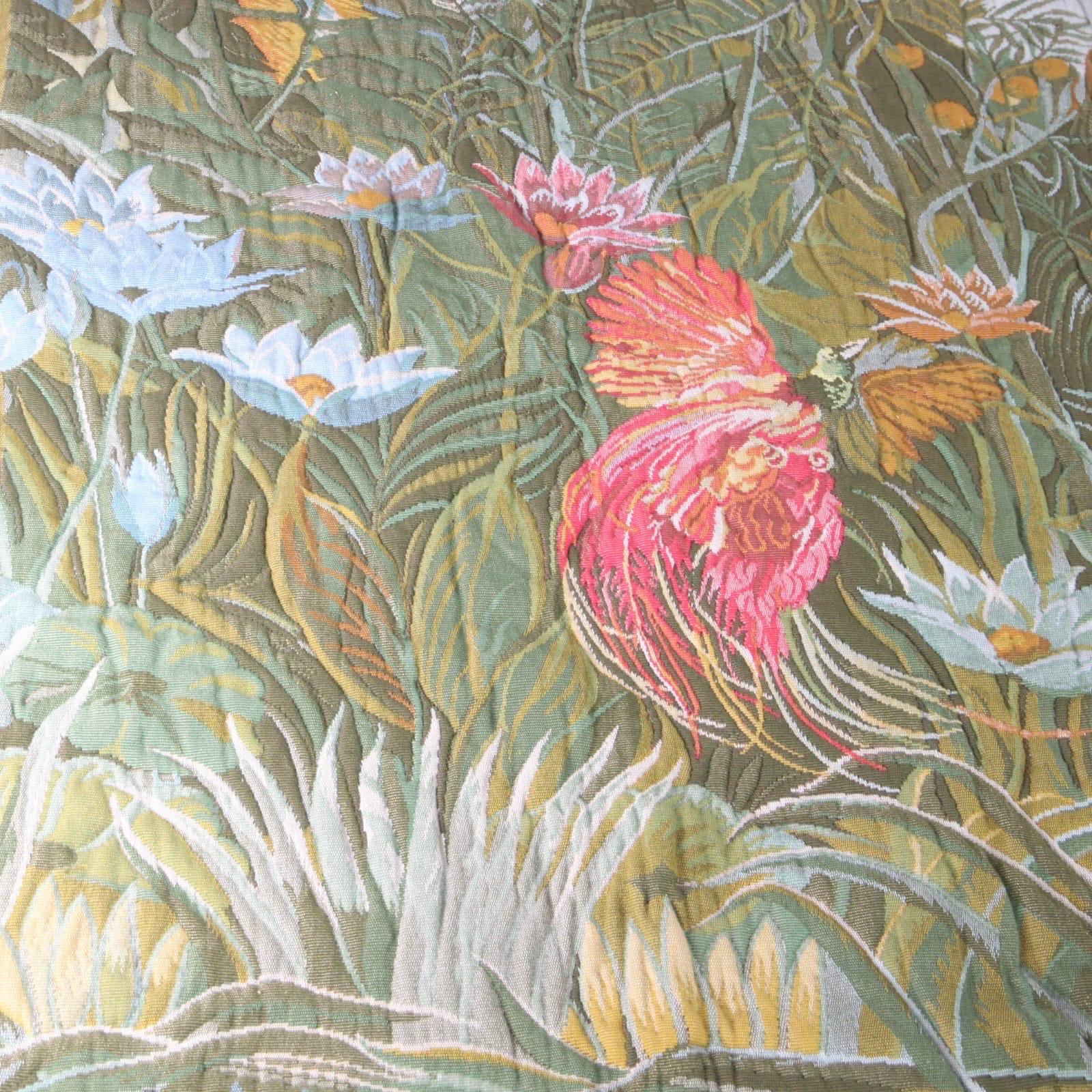 Large French vintage « jungle » wool tapestry.
Very decorative with bright colours, flowers and exotic birds decors.
Numbered and guarantee certificate at the back.
