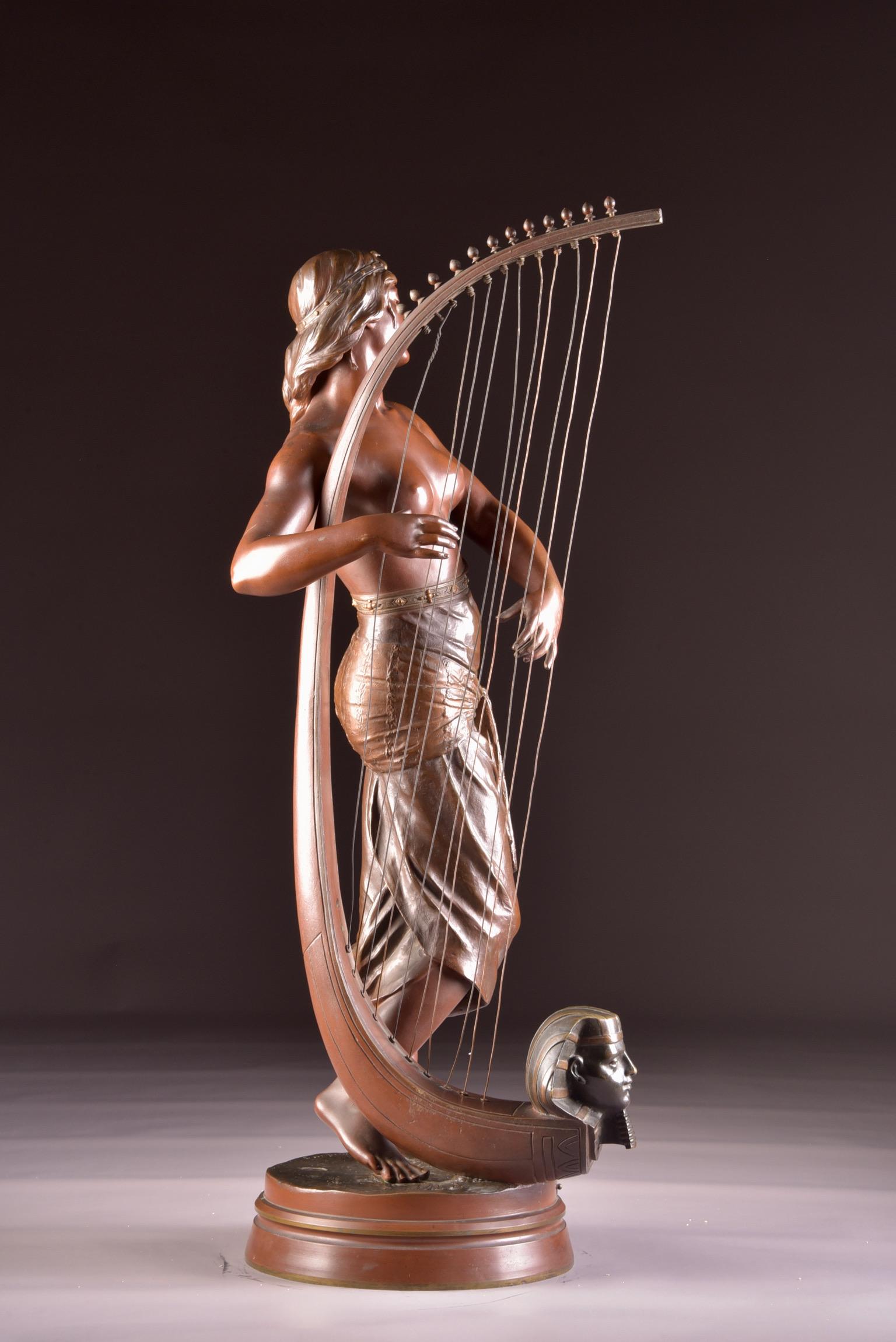 Bronze Semi Nude Sculpture, Tahoser, Egyptian Harpist by Coudray For Sale 2