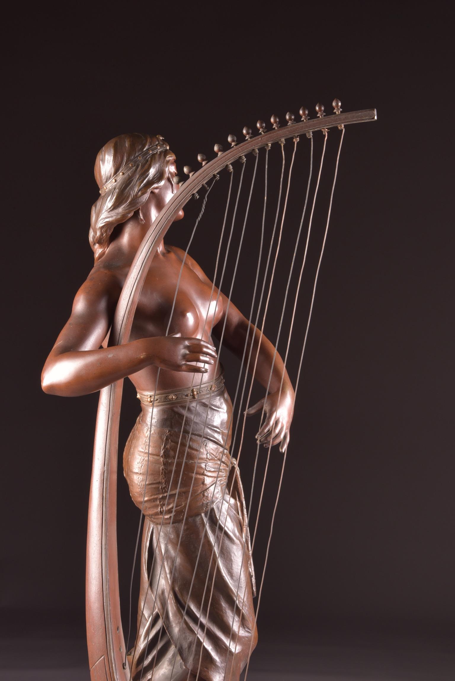 Bronze Semi Nude Sculpture, Tahoser, Egyptian Harpist by Coudray For Sale 3
