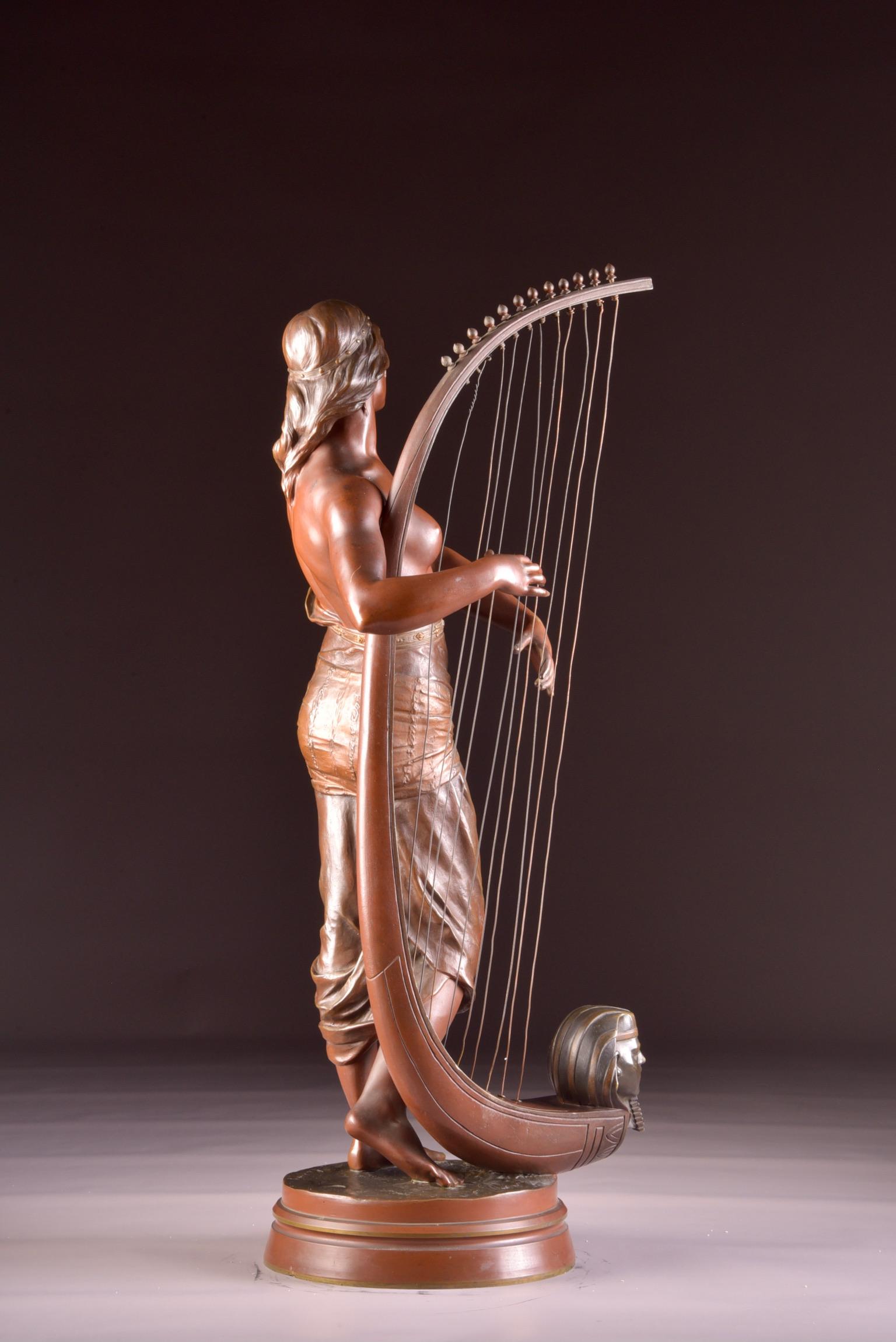 Bronze Semi Nude Sculpture, Tahoser, Egyptian Harpist by Coudray For Sale 5