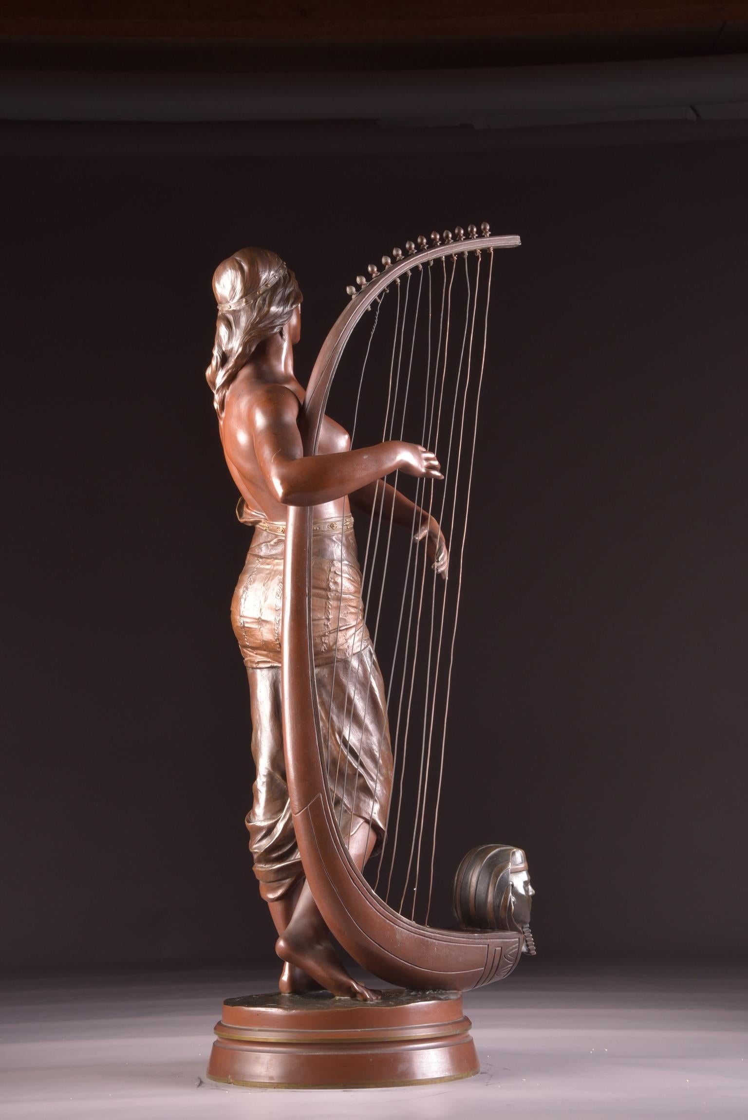 Bronze Semi Nude Sculpture, Tahoser, Egyptian Harpist by Coudray For Sale 7