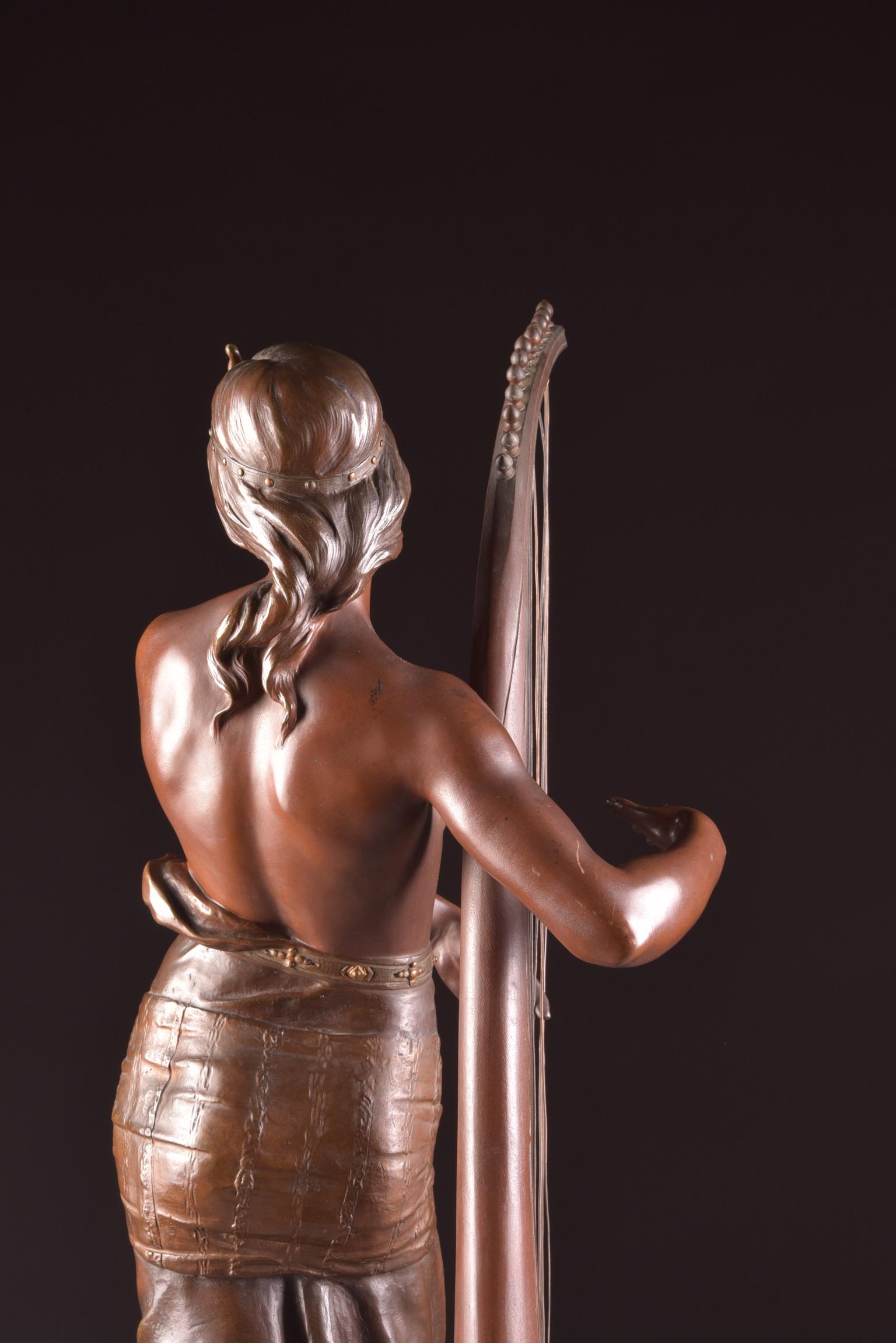 Bronze Semi Nude Sculpture, Tahoser, Egyptian Harpist by Coudray For Sale 8