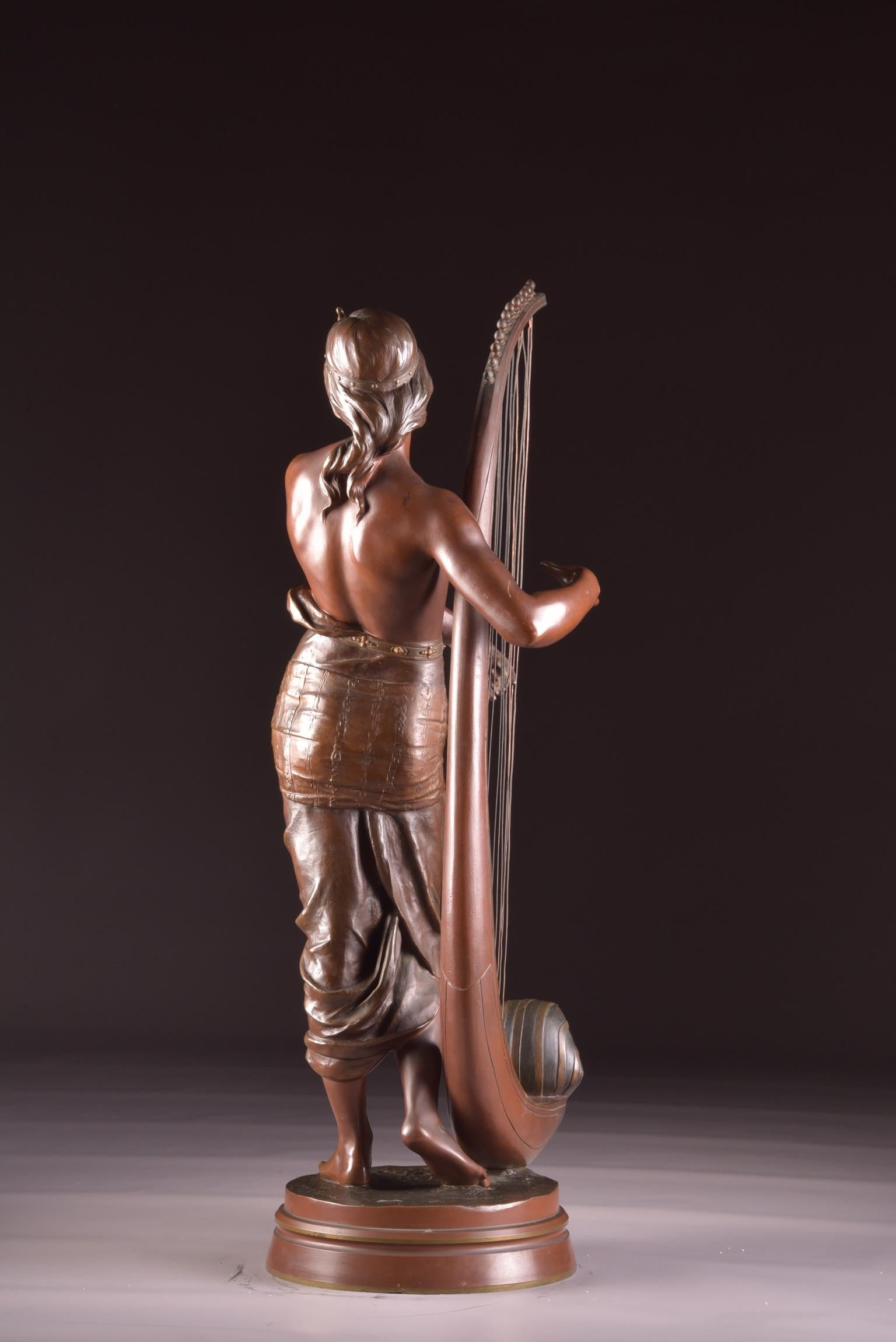 Bronze Semi Nude Sculpture, Tahoser, Egyptian Harpist by Coudray For Sale 9