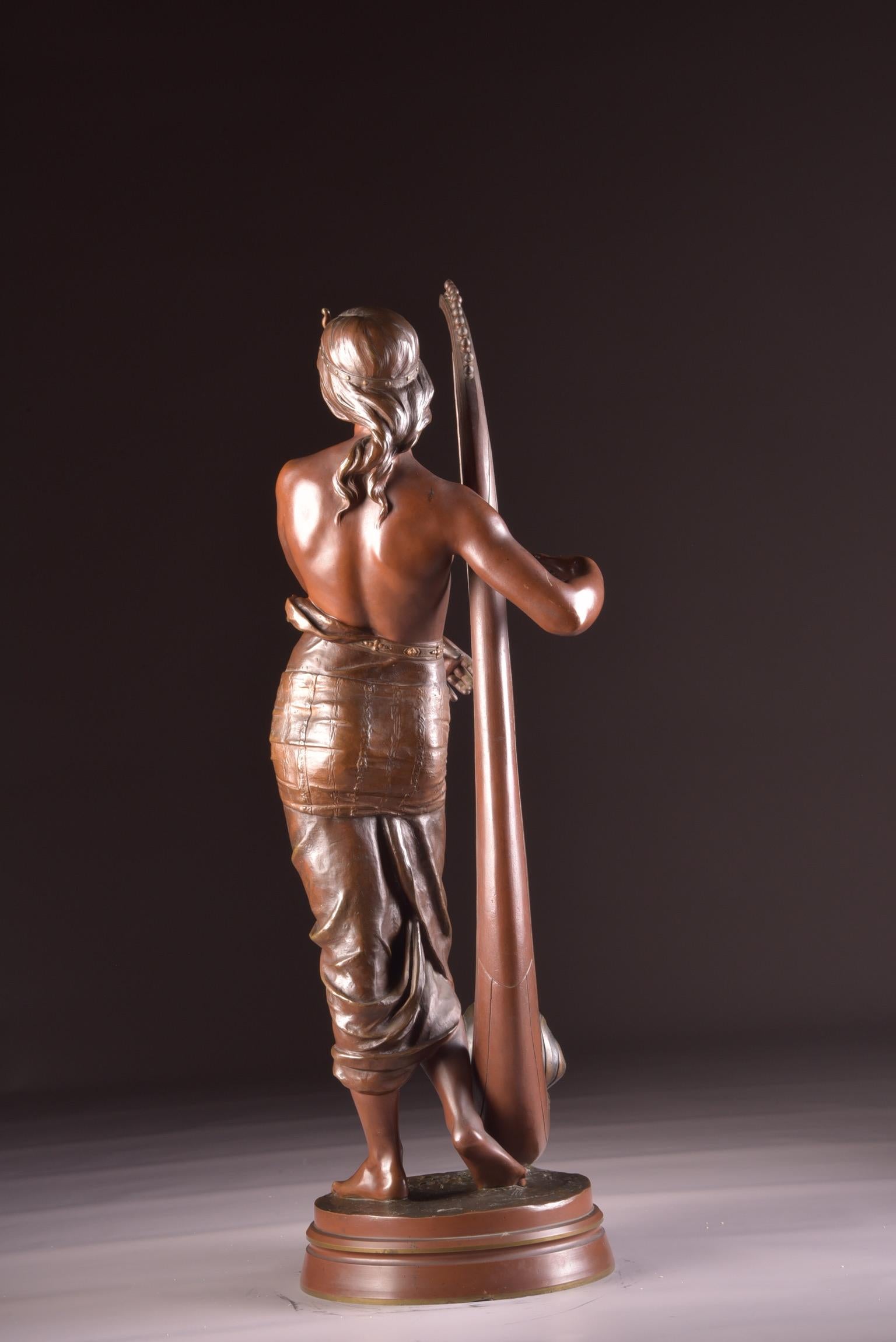 Bronze Semi Nude Sculpture, Tahoser, Egyptian Harpist by Coudray For Sale 10