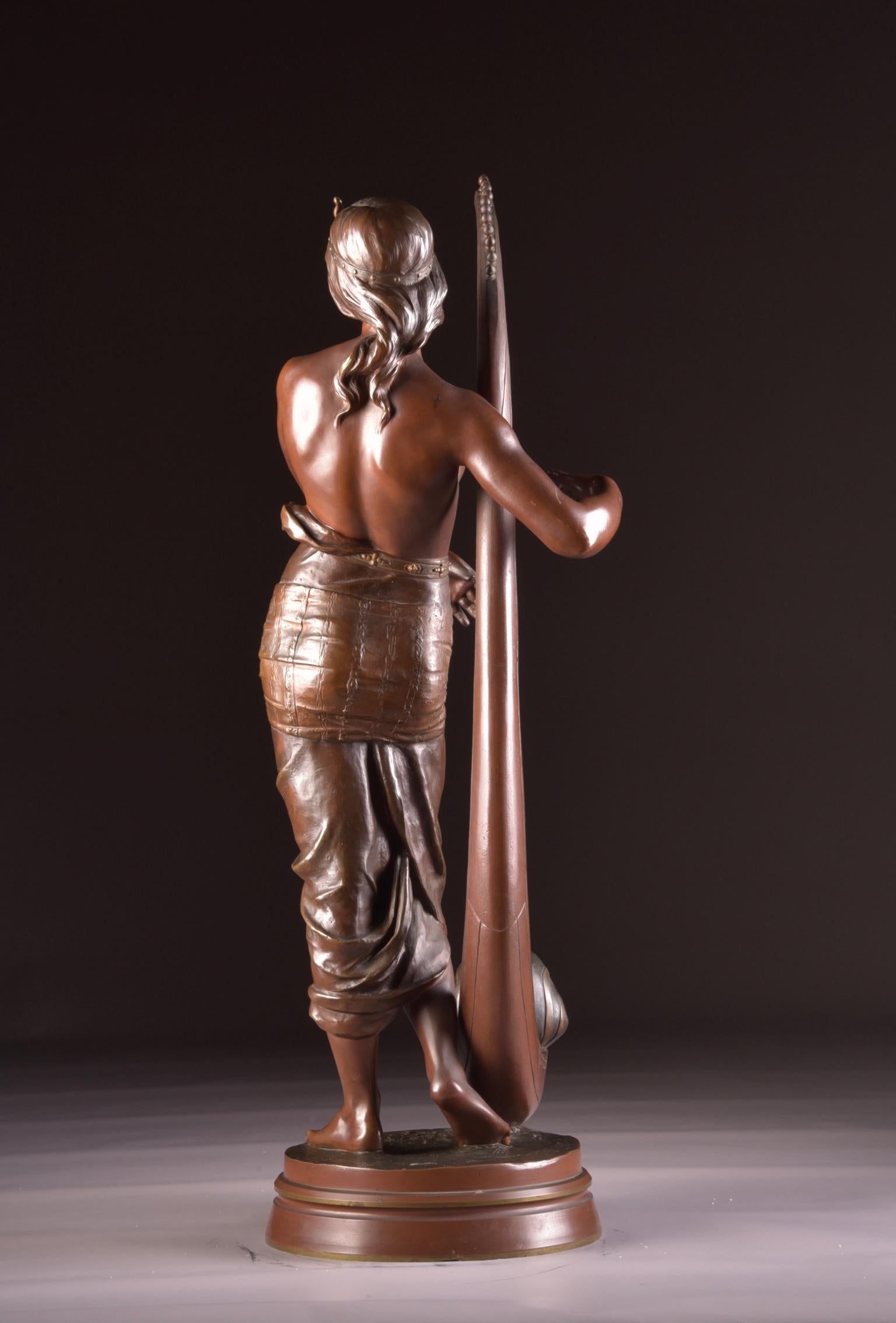 Bronze Semi Nude Sculpture, Tahoser, Egyptian Harpist by Coudray For Sale 11